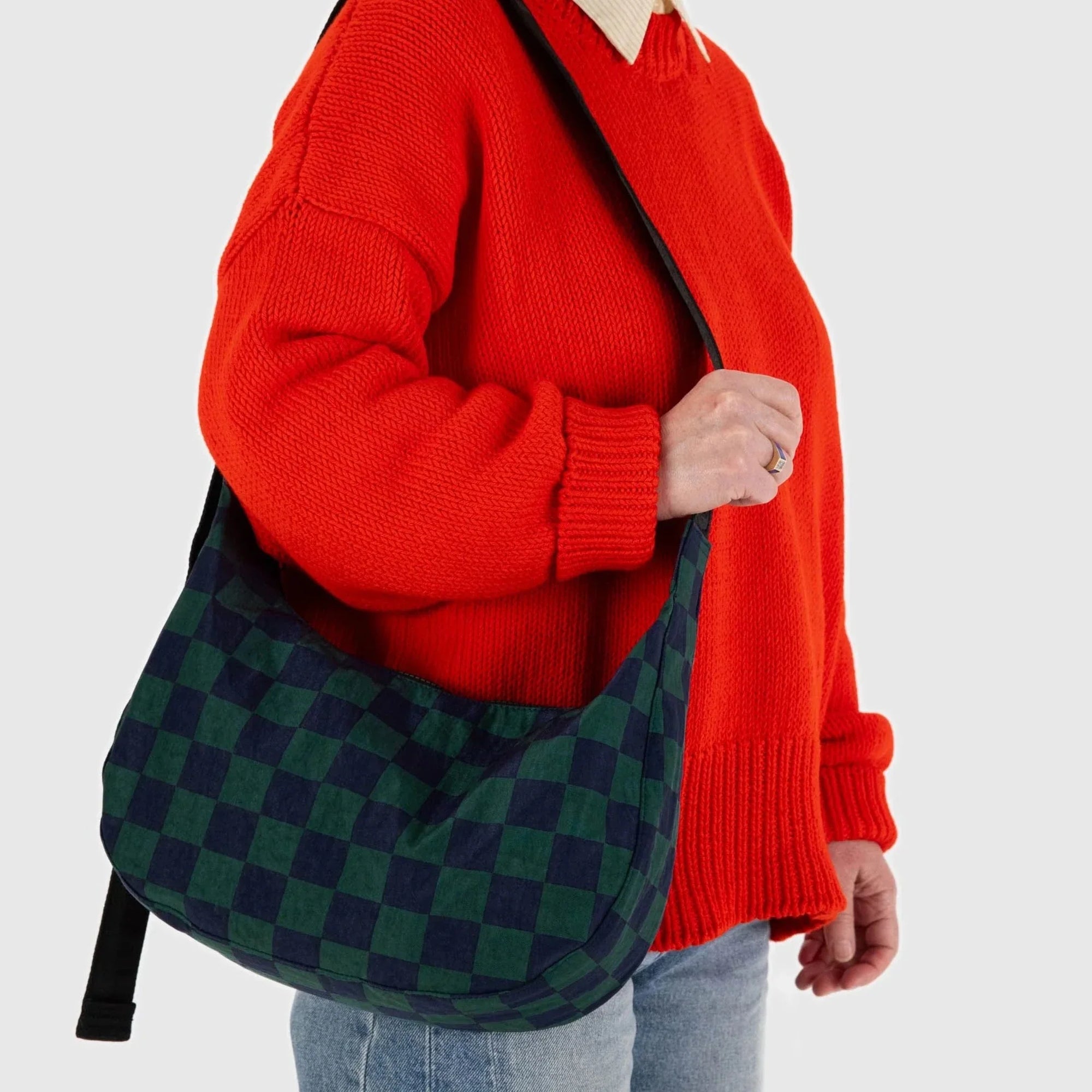 Baggu Medium Nylon Crescent Bag in Navy Green Check
