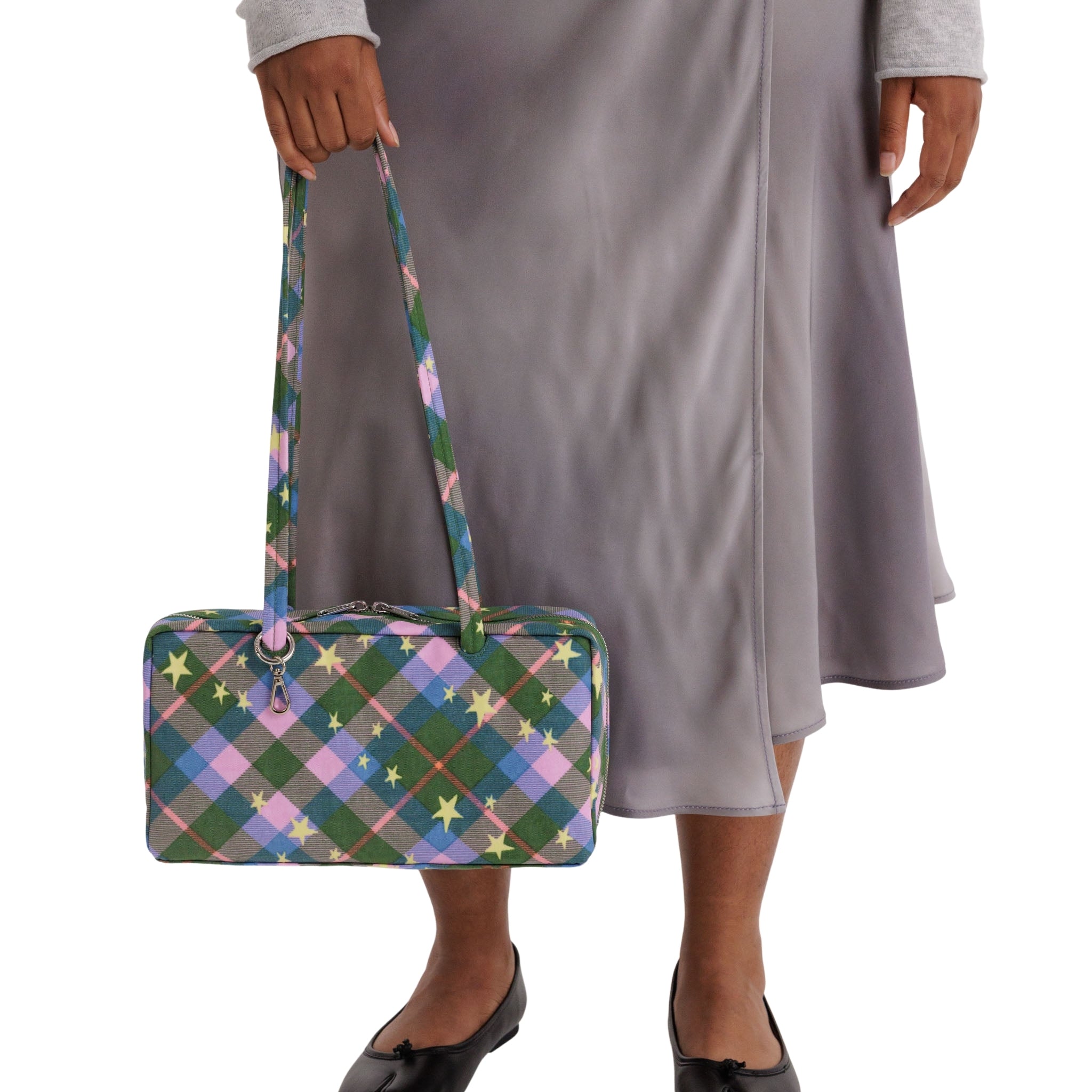 Baggu Nylon Bowler Bag in Green Star Plaid