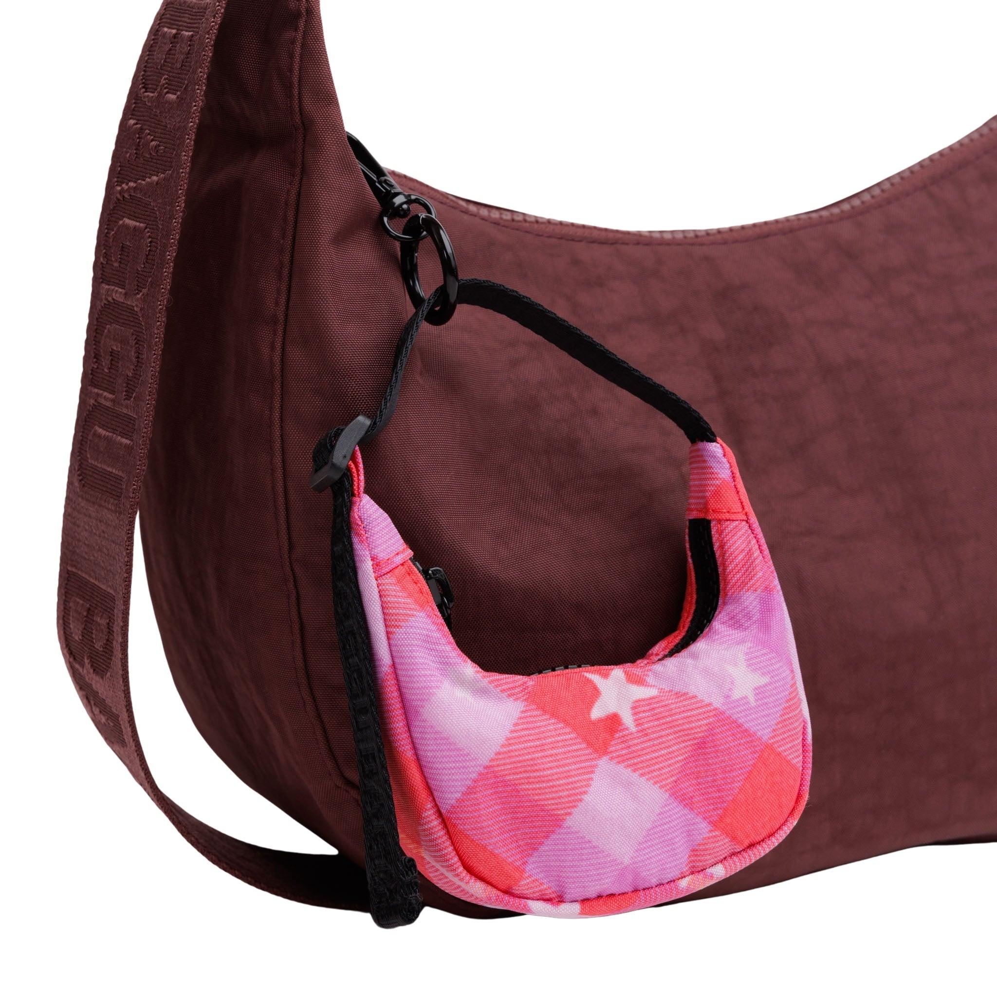 Baggu Crescent Bag Charm in Pink Star Plaid