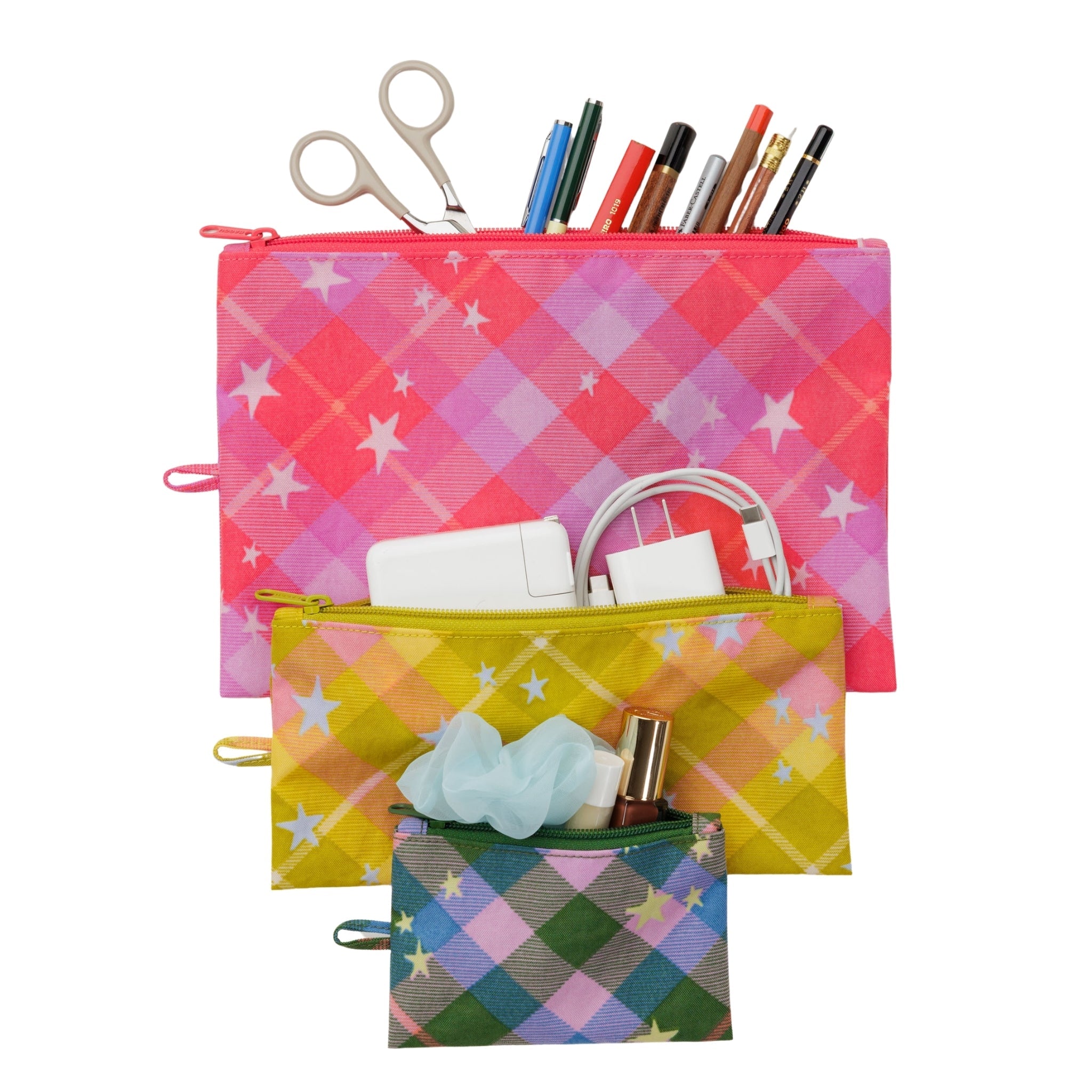 Baggu Flat Pouch Set in Star Plaid