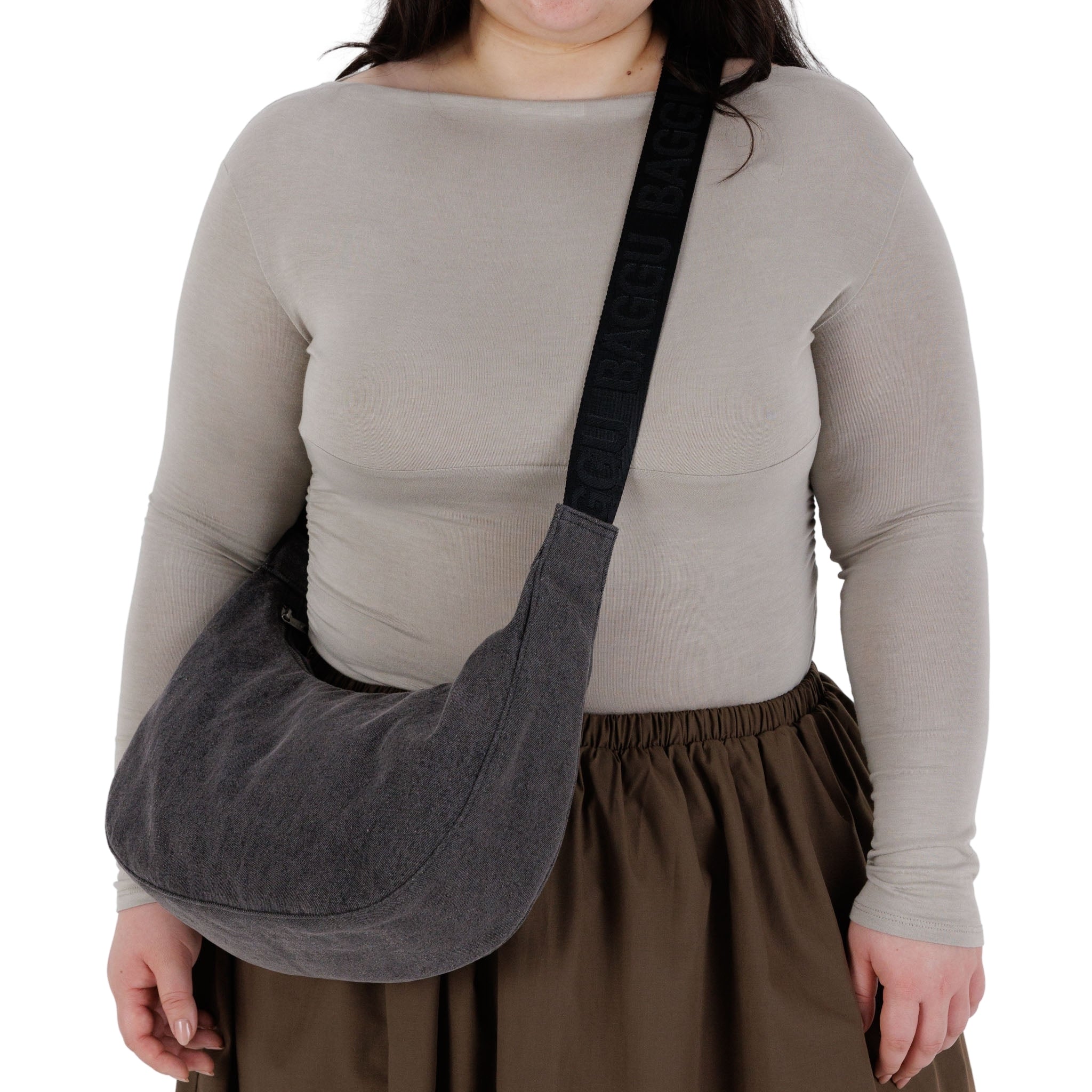 Baggu Medium Denim Crescent Bag in Black