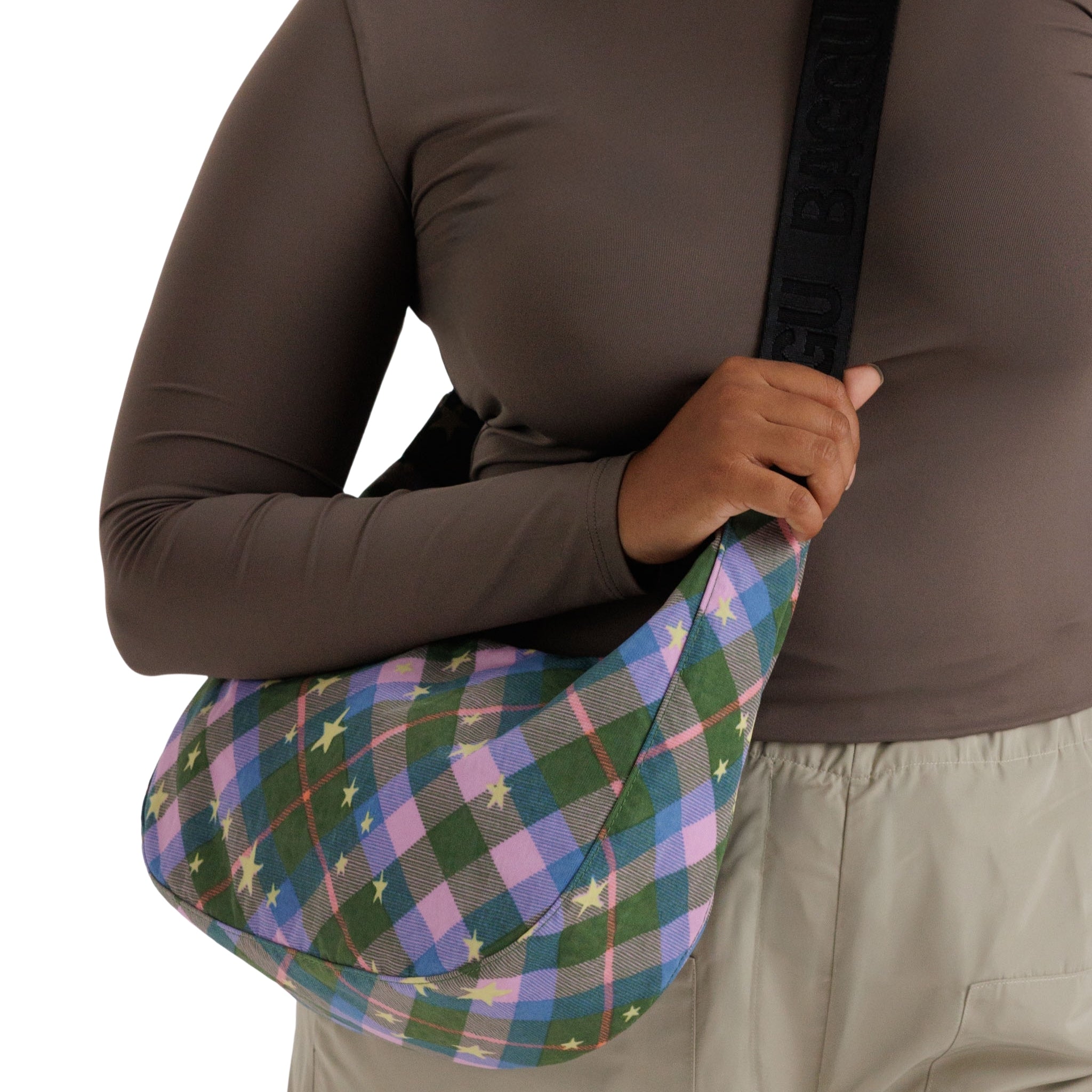 Baggu Medium Nylon Crescent Bag in Green Star Plaid