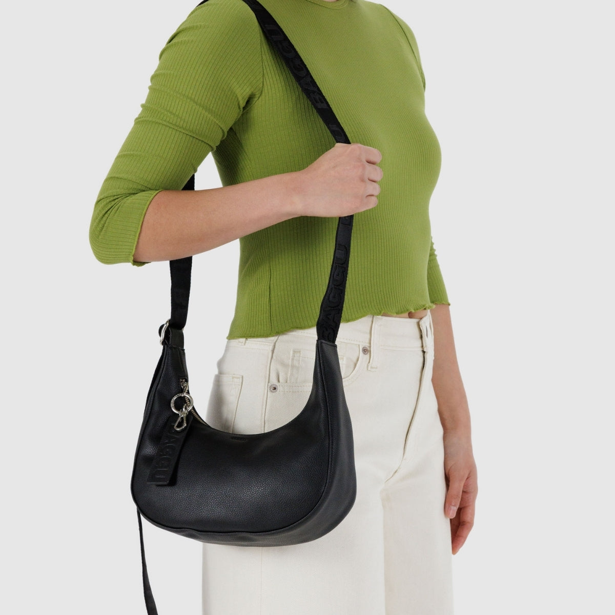 Baggu Small Recycled Leather Crescent Bag in Black