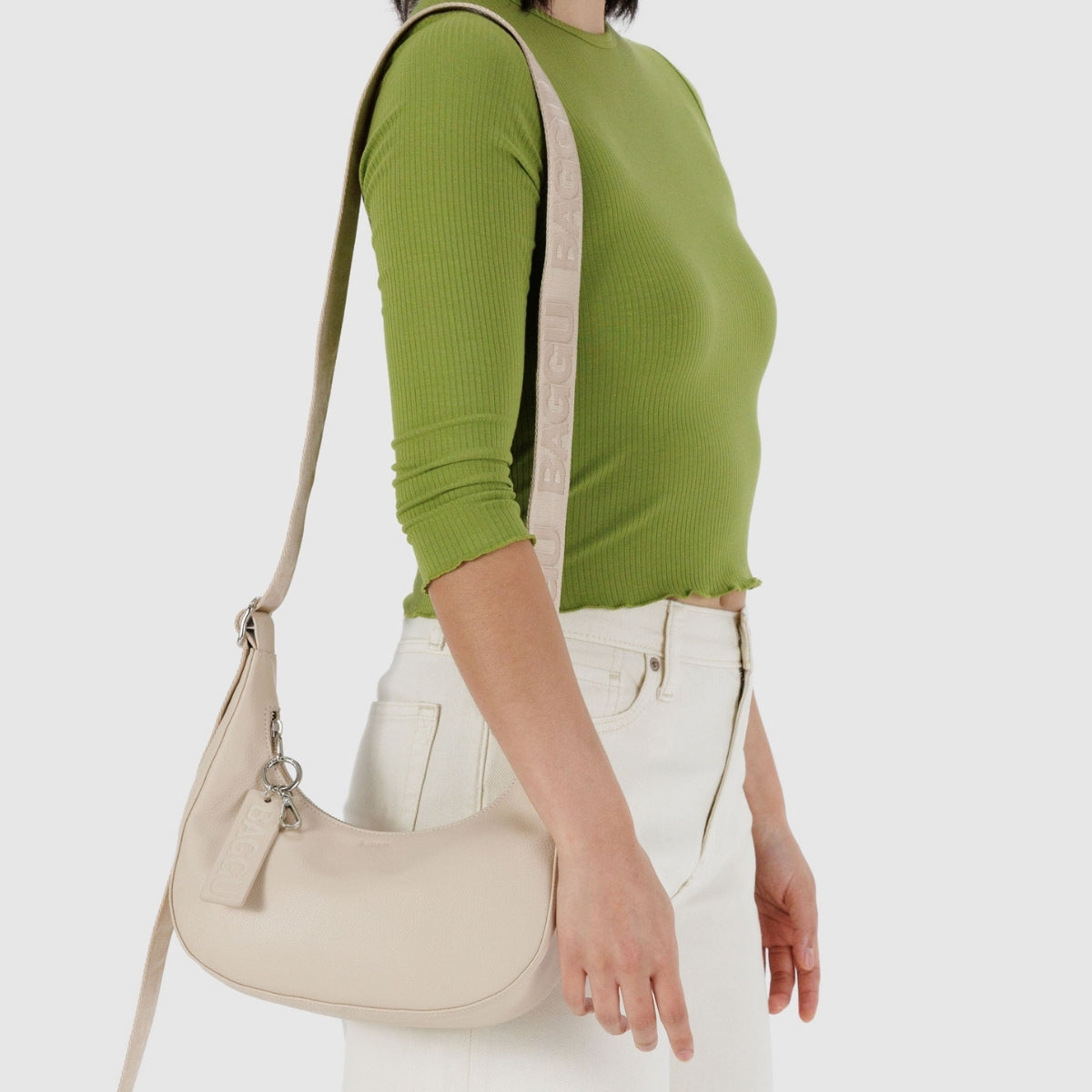 Baggu Small Recycled Leather Crescent Bag in Stone