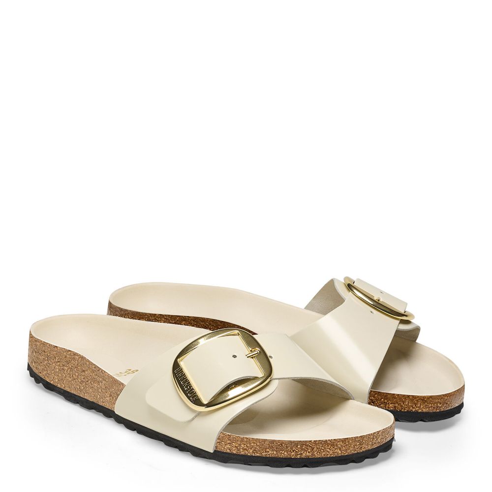 Birkenstock Women s Madrid Big Buckle Natural Leather Patent in High Shine Ecru Narrow Width Getoutsideshoes Getoutside Shoes