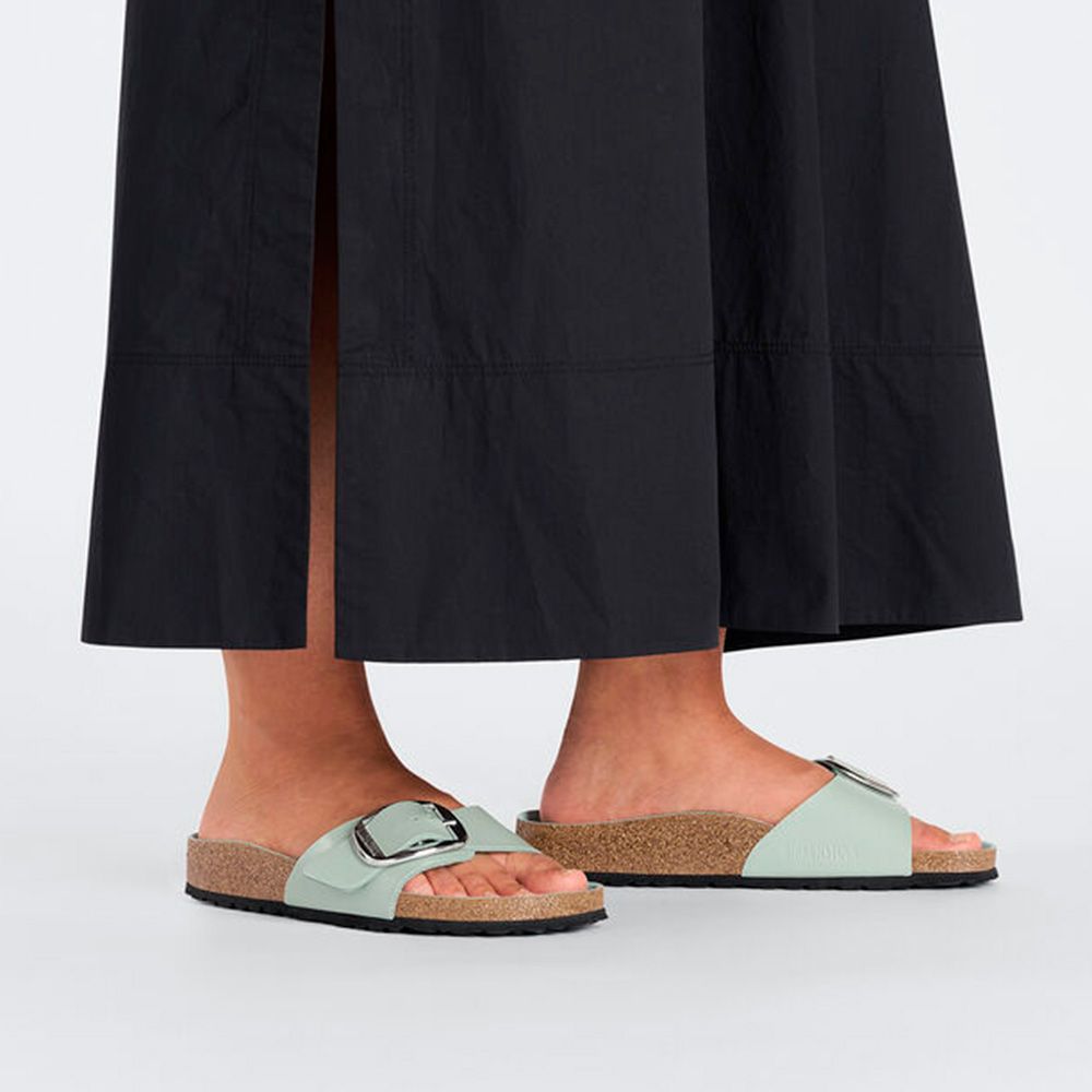 Birkenstock Women's Madrid Big Buckle Natural Leather Patent in High-Shine Surf Green
