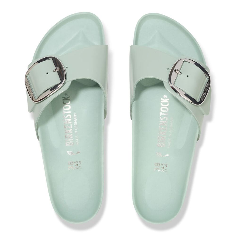 Birkenstock Women&#39;s Madrid Big Buckle Natural Leather Patent in High-Shine Surf Green (Narrow WIdth)