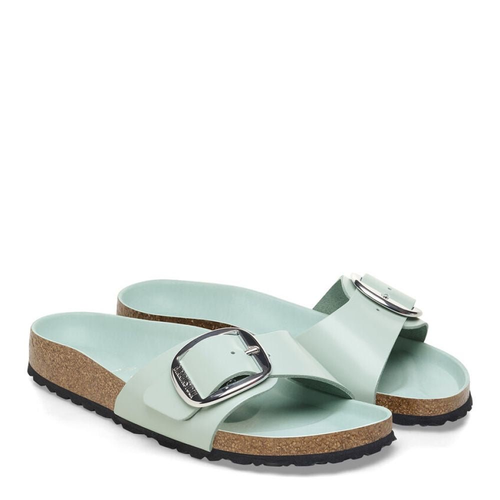 Birkenstock Women&#39;s Madrid Big Buckle Natural Leather Patent in High-Shine Surf Green (Narrow WIdth)