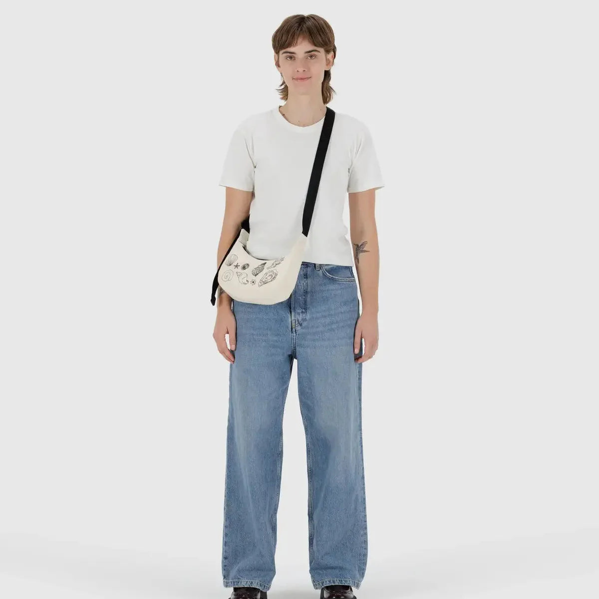Baggu Small Nylon Crescent Bag in Embroidered Shells