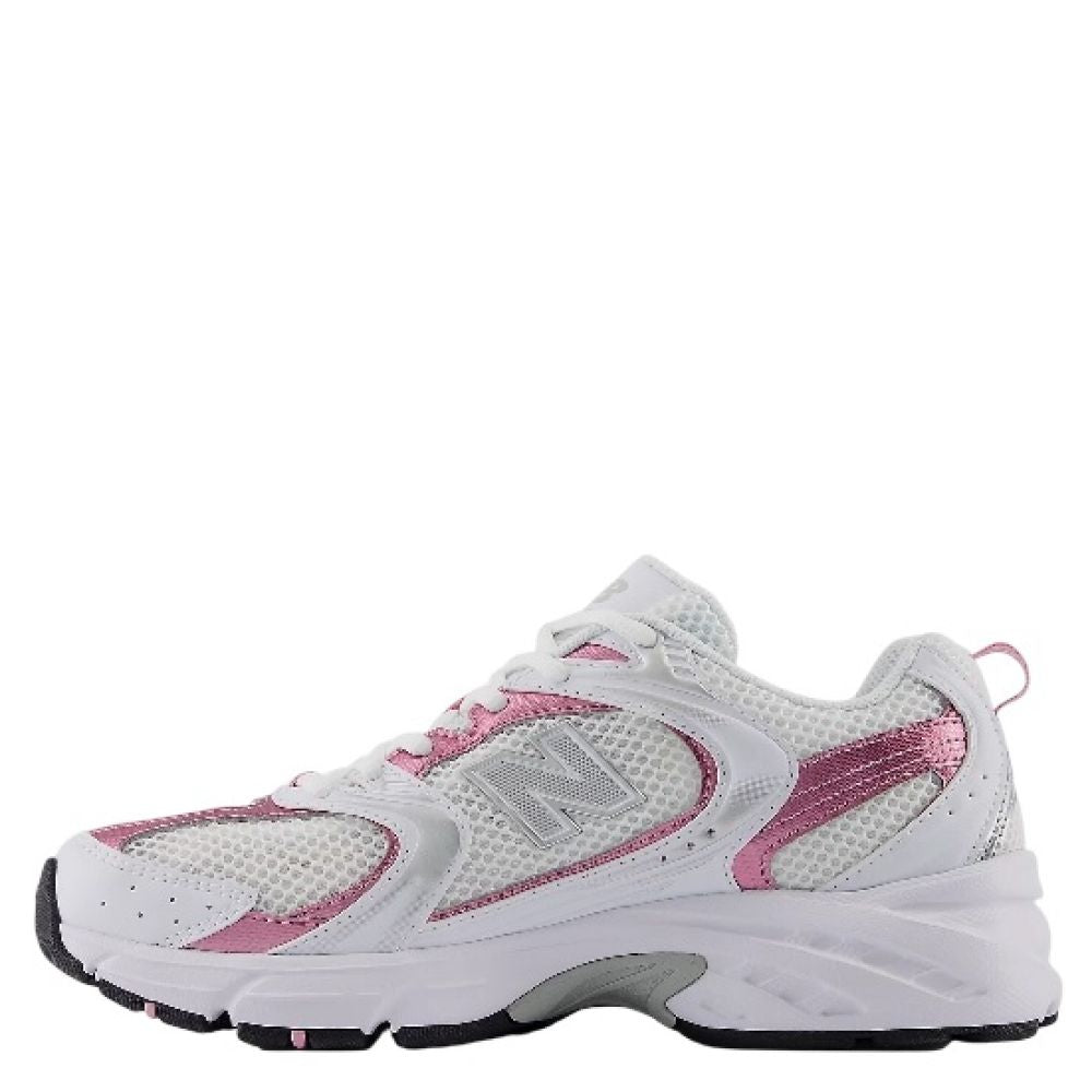 New Balance Women's 530 in White with Pink Sugar and Silver Metallic