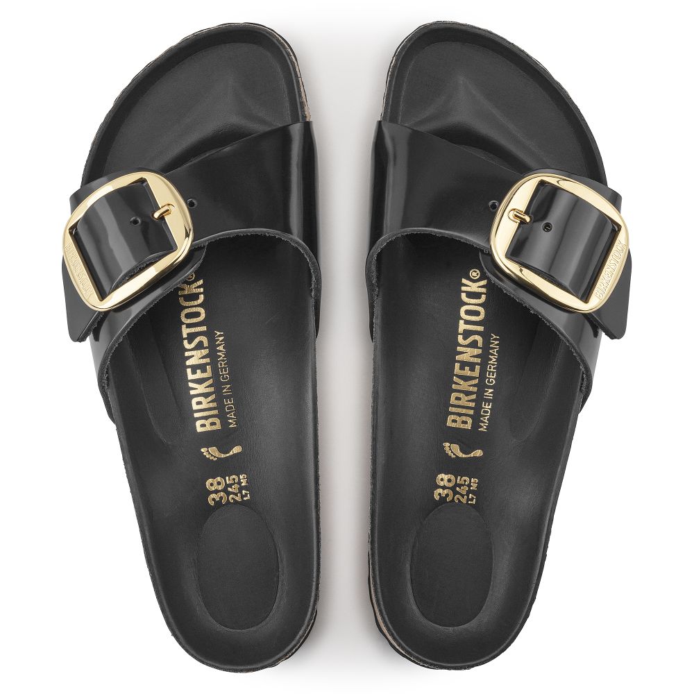 Birkenstock Women&#39;s Madrid Big Buckle Oiled Leather in High Shine Black (Narrow Width)