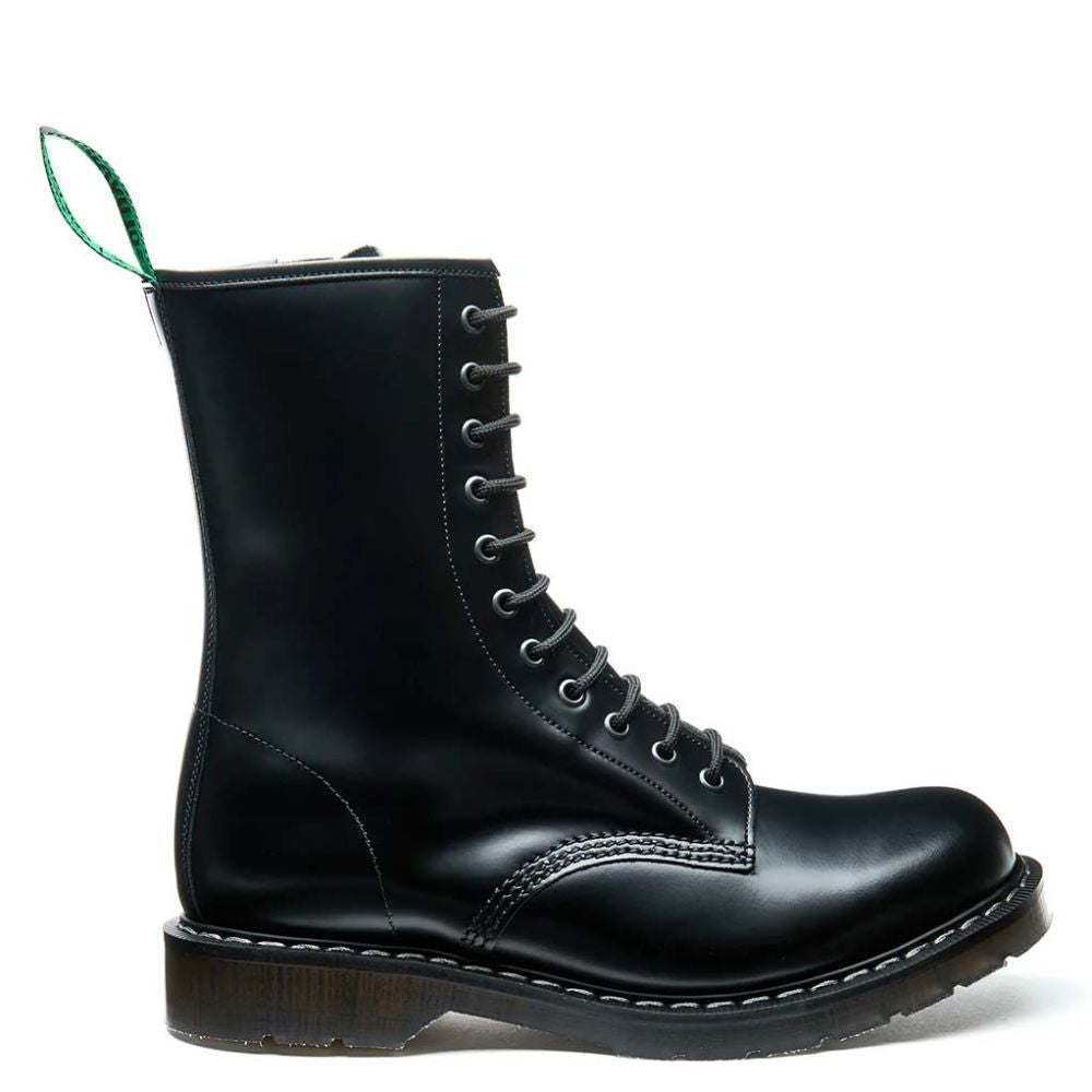 Solovair 11 Eye Zip Derby Boot in Black Hi-Shine