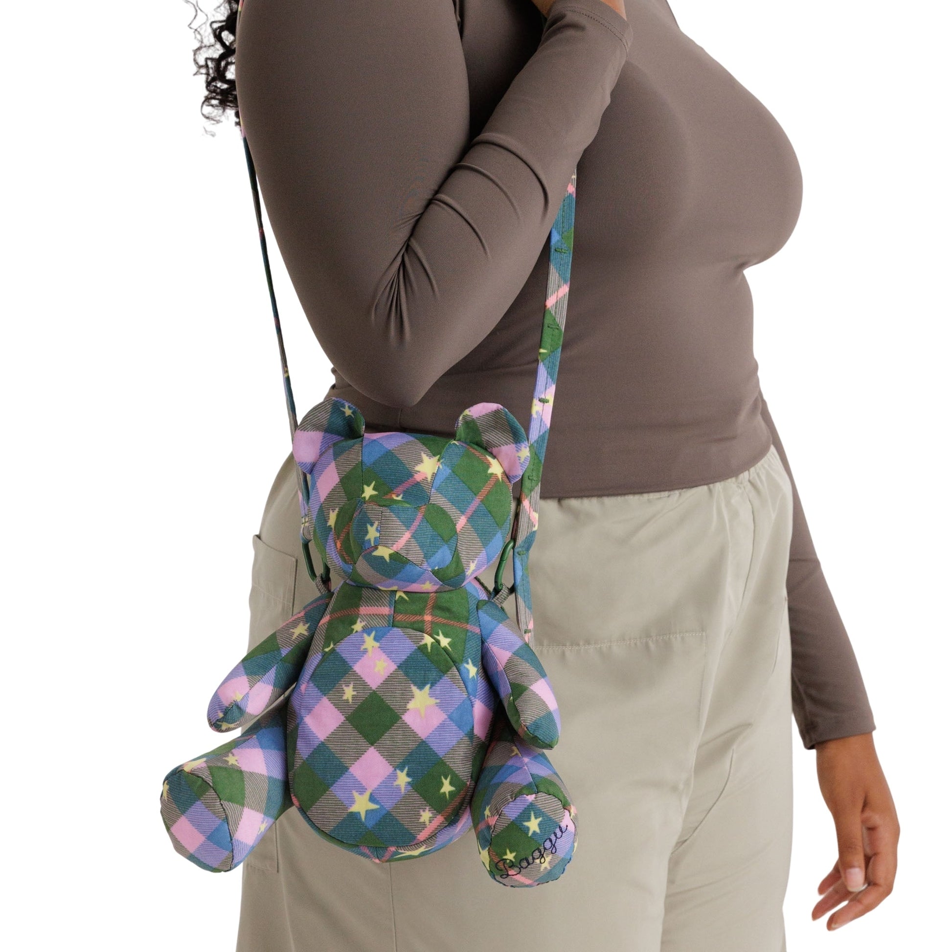Baggu Bear Bag in Green Star Plaid