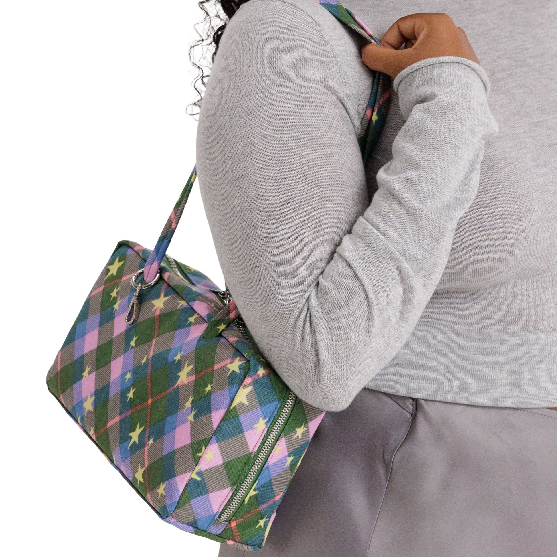 Baggu Nylon Bowler Bag in Green Star Plaid