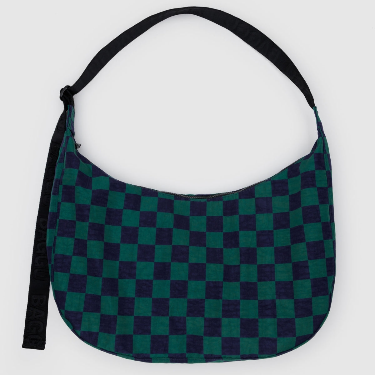 Baggu Large Nylon Crescent Bag in Navy Green Check