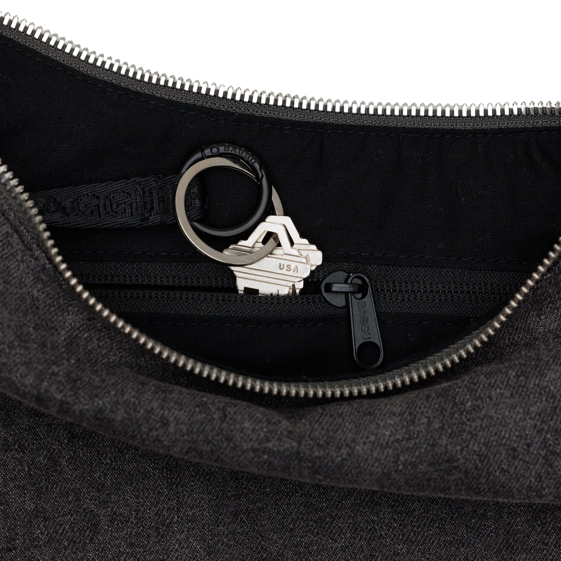 Baggu Medium Denim Crescent Bag in Black