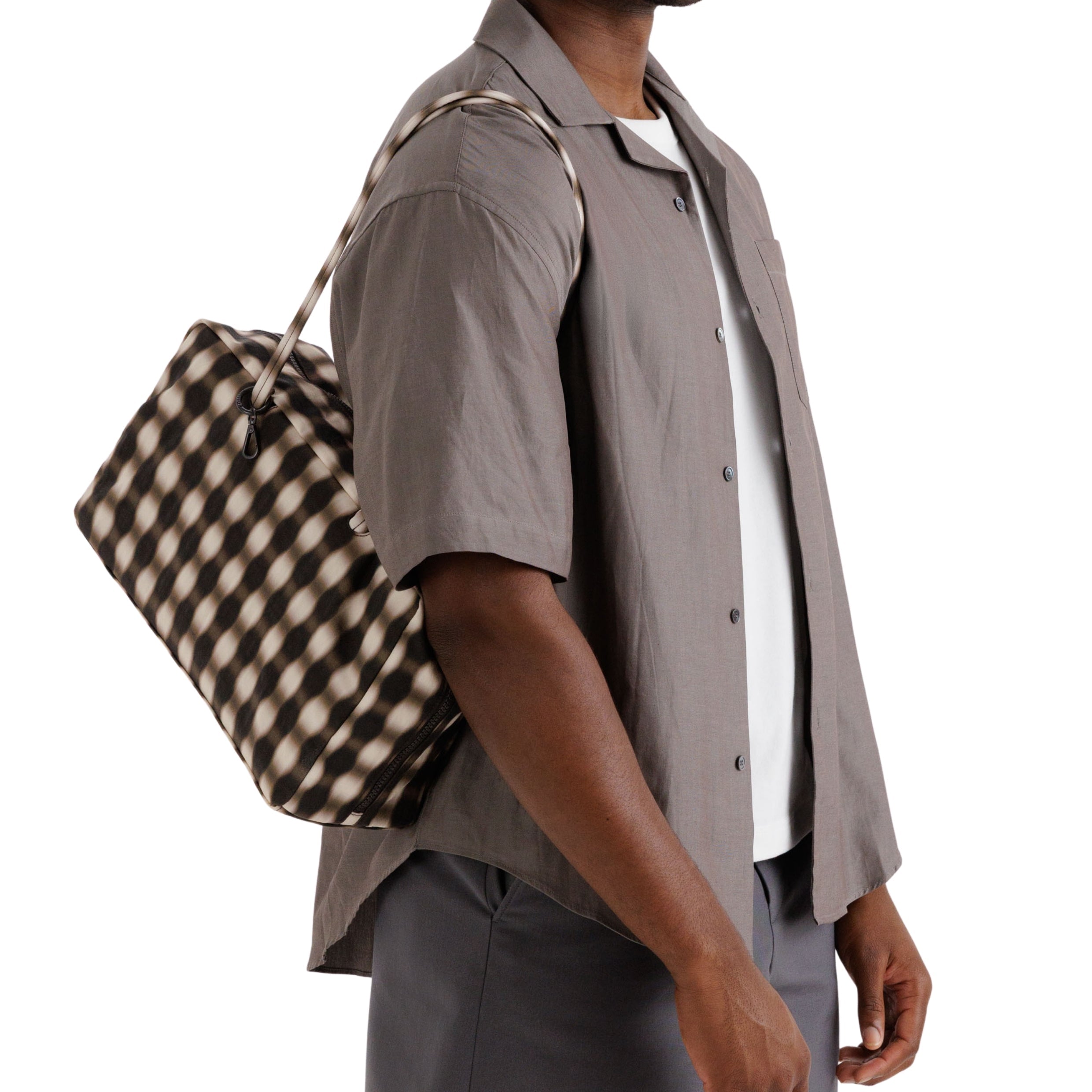 Baggu Medium Nylon Bowler Bag in Blurred Gingham Brown