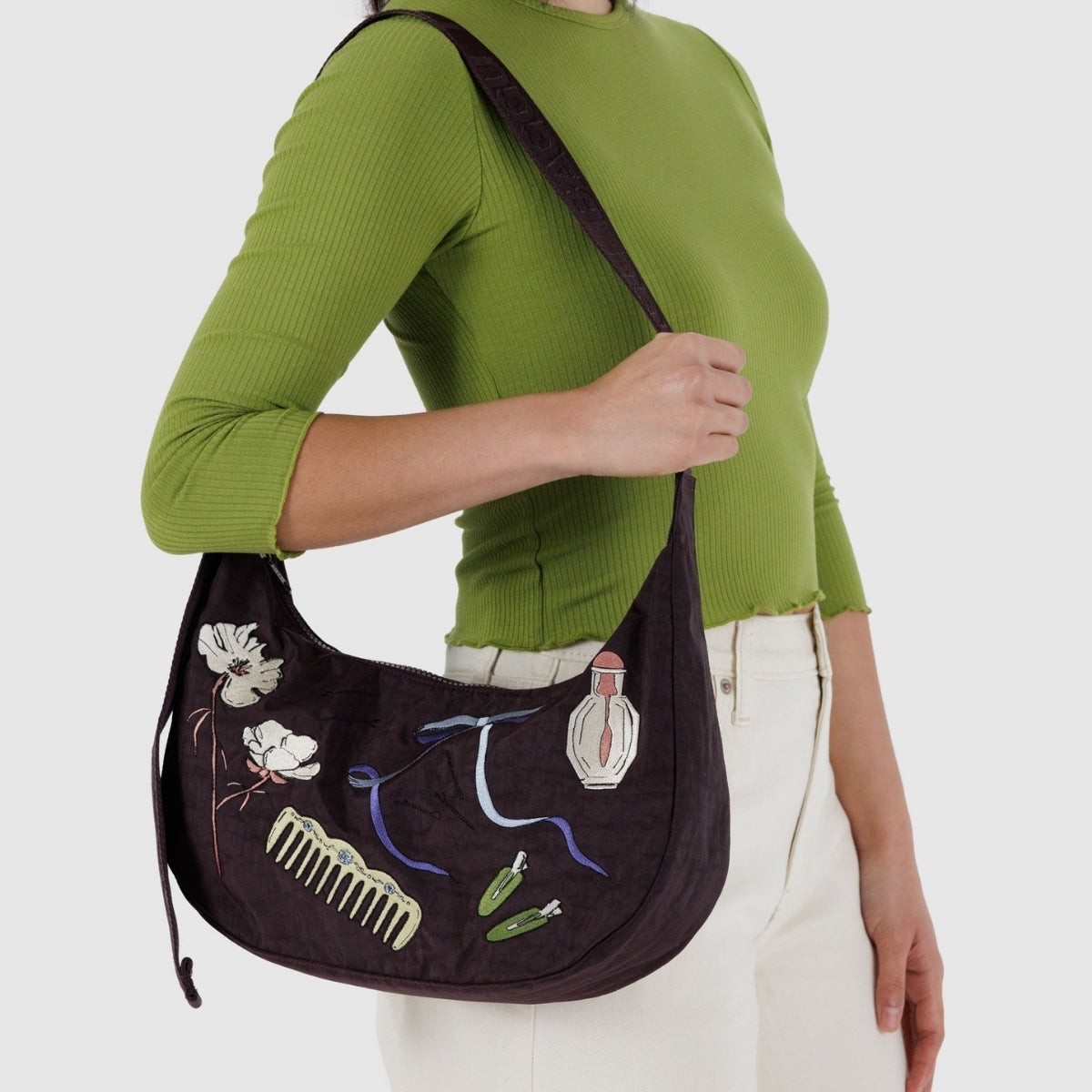 Baggu Medium Nylon Crescent Bag in Embroidered Get Ready With Me