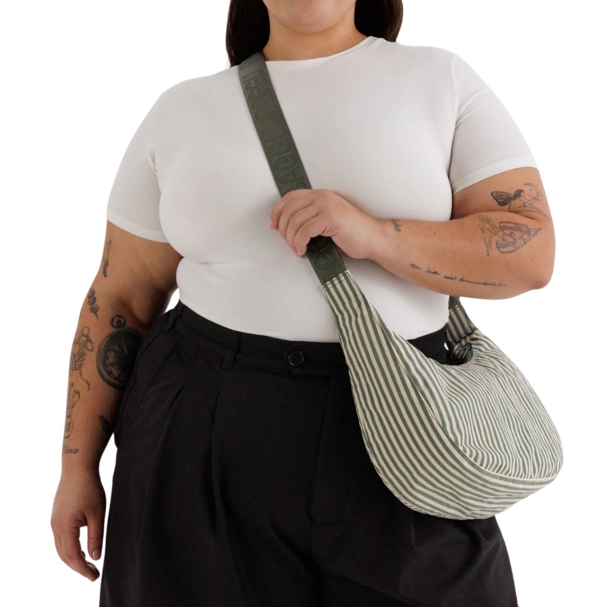 Baggu Medium Nylon Crescent Bag in Sage Stripe