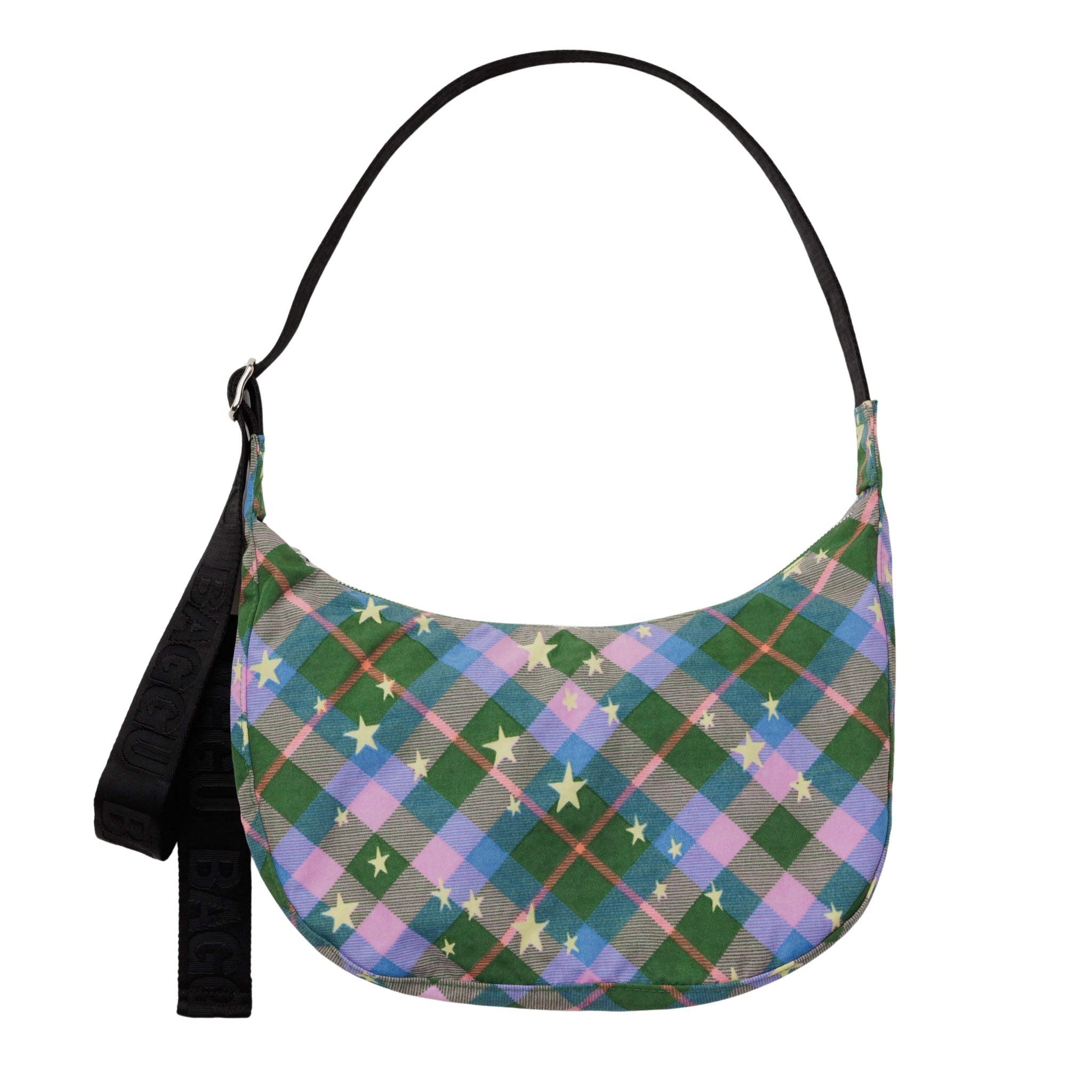 Baggu Medium Nylon Crescent Bag in Green Star Plaid