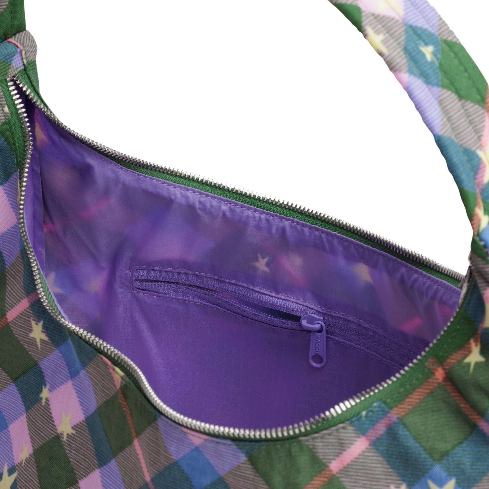 Baggu Nylon Shoulder Bag in Green Star Plaid