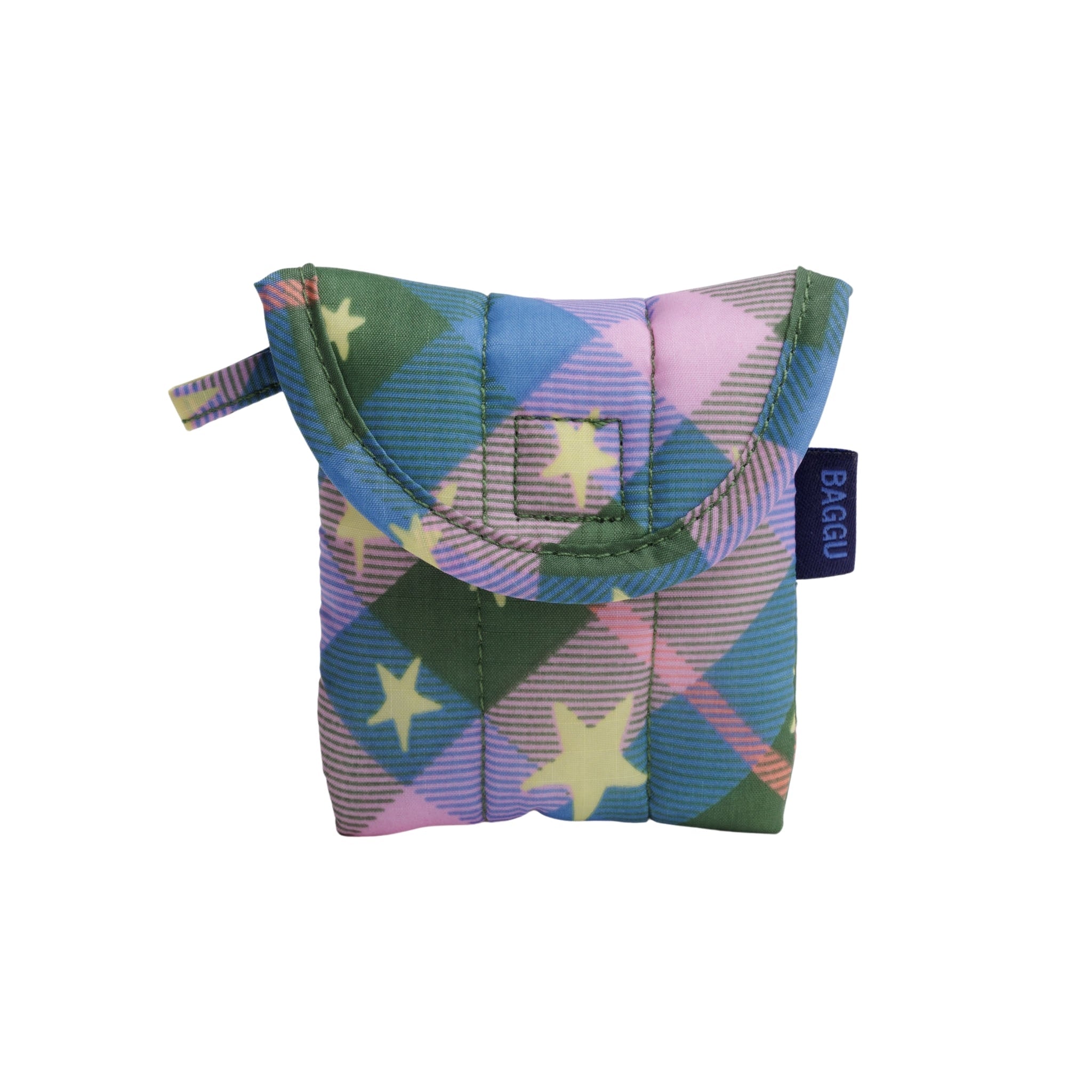 Baggu Puffy Earbuds Case in Green Star Plaid