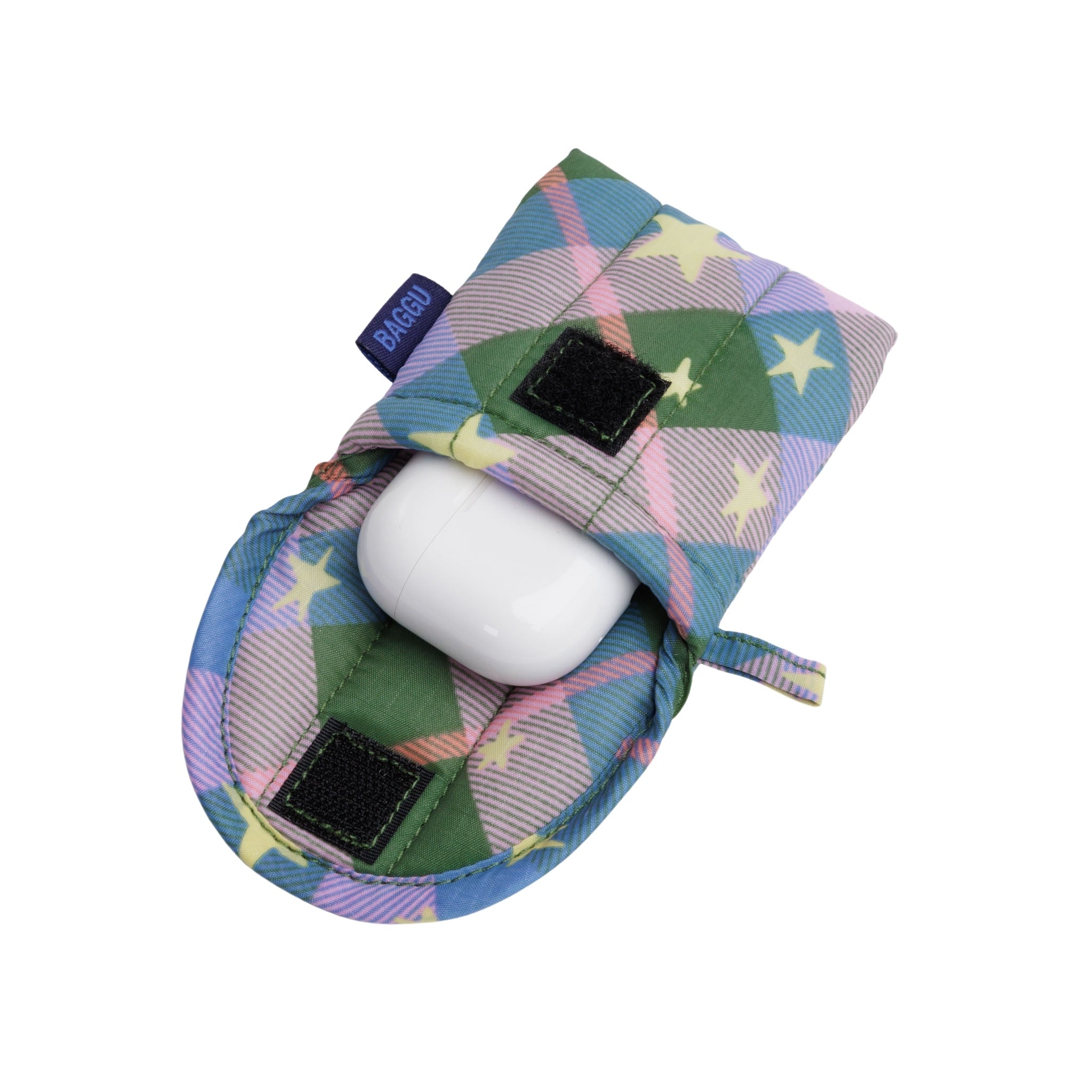 Baggu Puffy Earbuds Case in Green Star Plaid