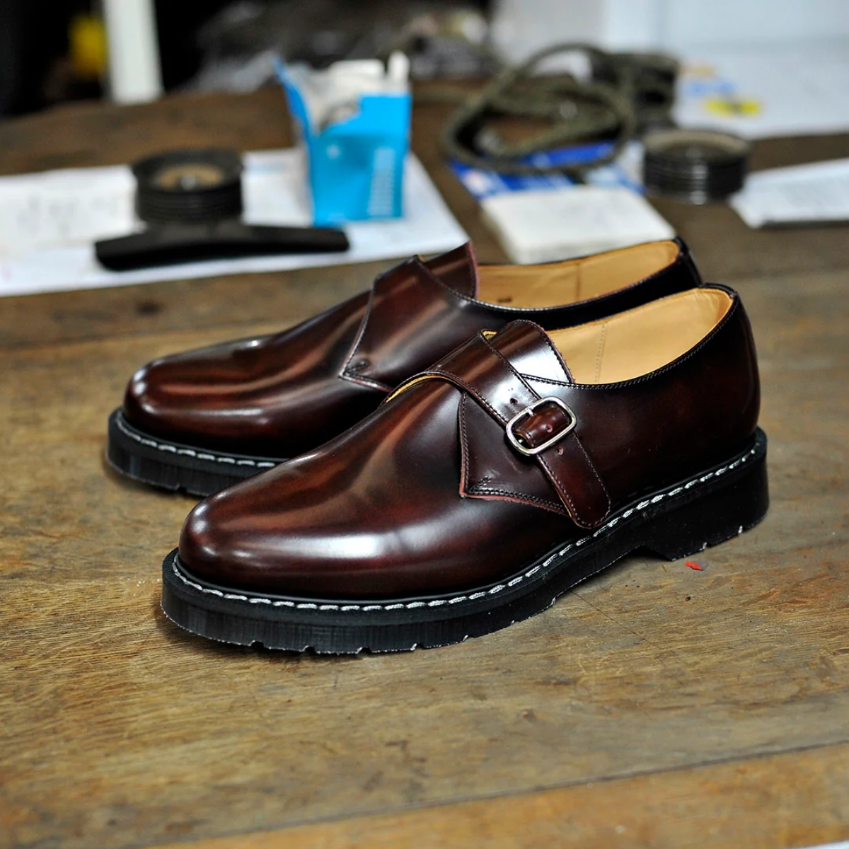 Solovair Single Buckle Monk Shoe in Burgundy Rub-Off