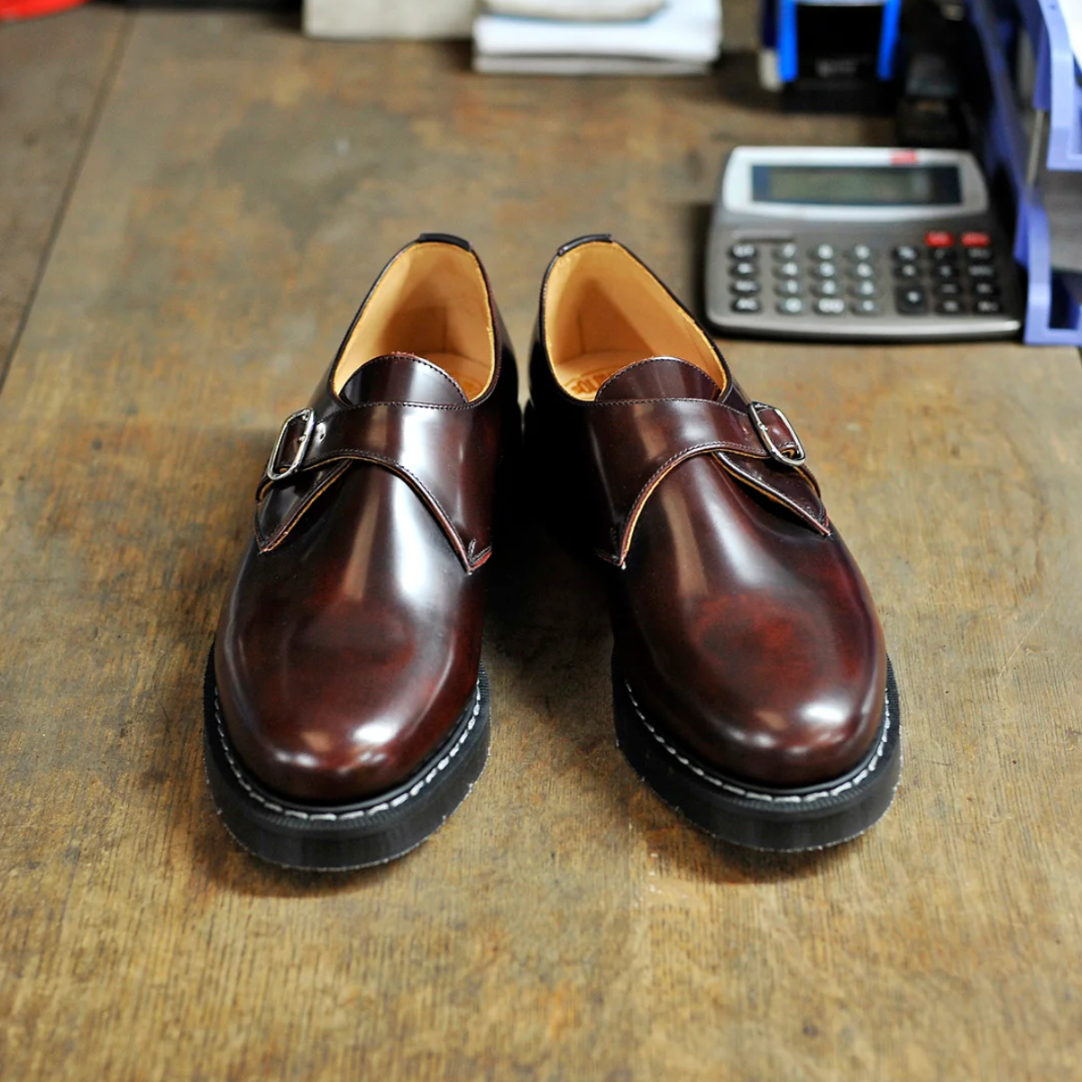 Solovair Single Buckle Monk Shoe in Burgundy Rub-Off