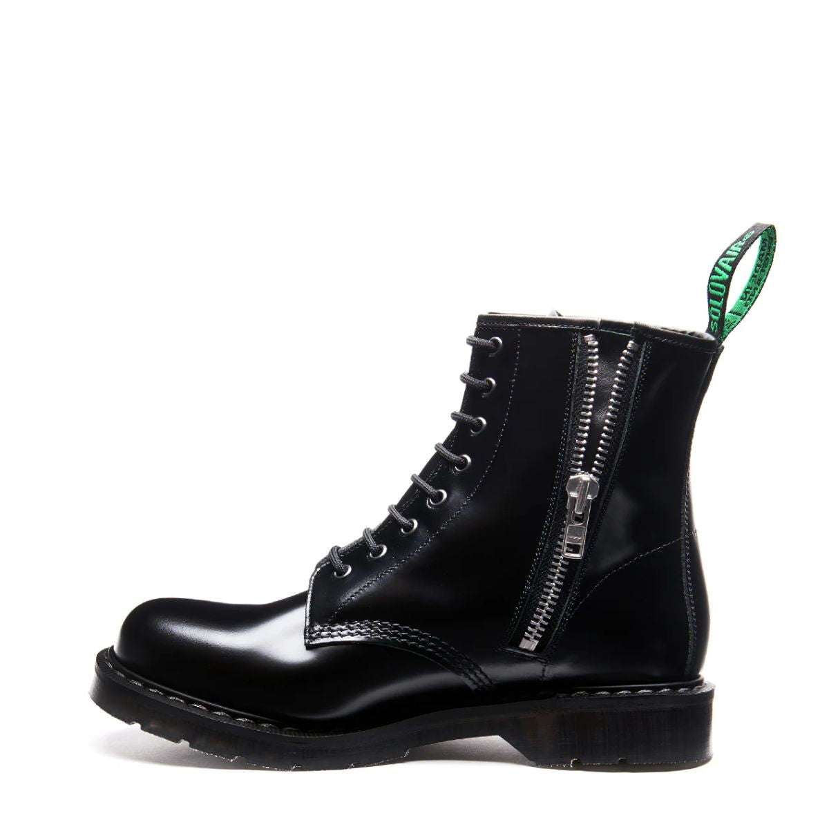 Solovair 8 Eye Zip Derby Boot in Black Hi-Shine