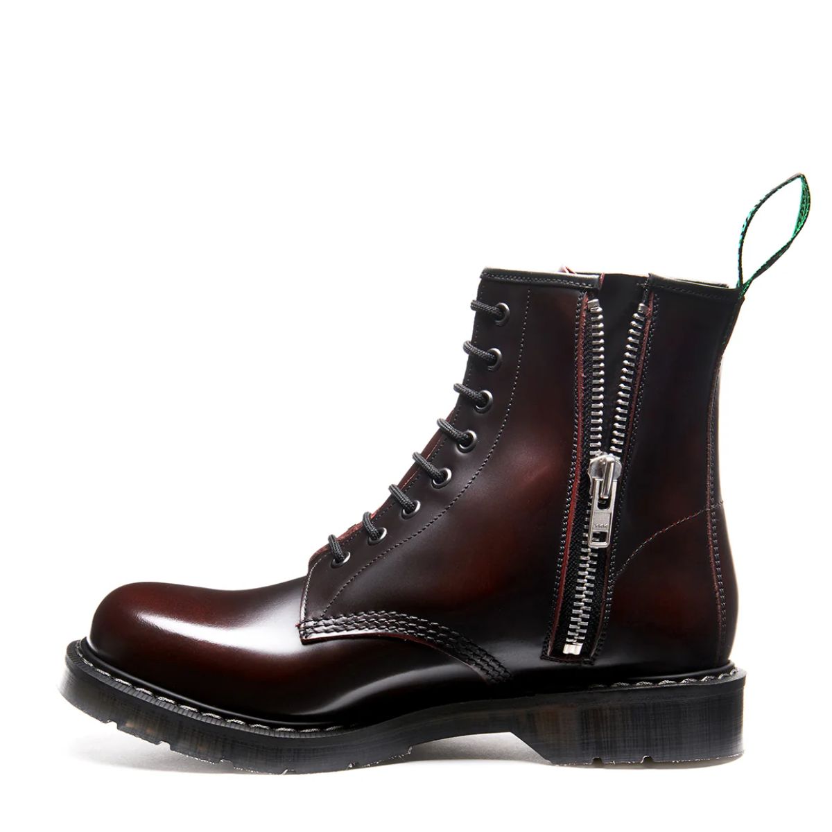 Solovair 8 Eye Zip Derby Boot in Burgundy Rub-Off