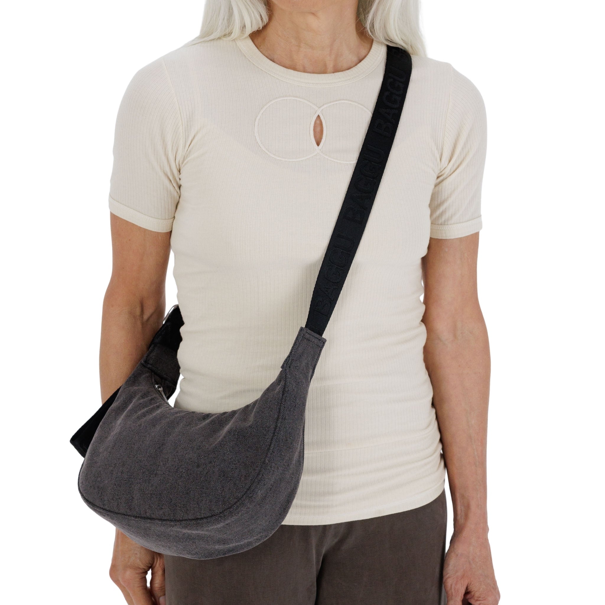 Baggu Small Denim Crescent Bag in Black