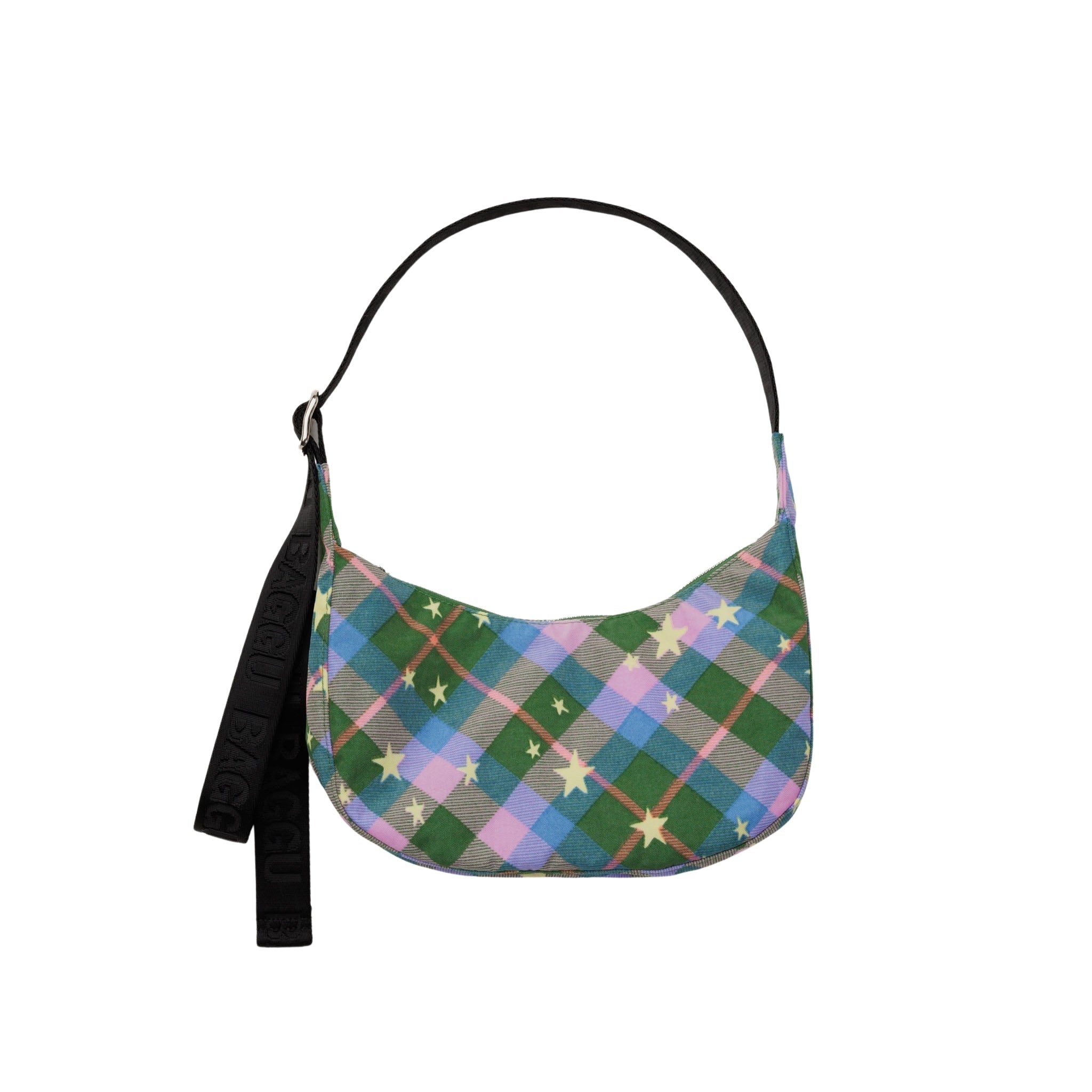 Baggu Small Nylon Crescent Bag in Green Star Plaid
