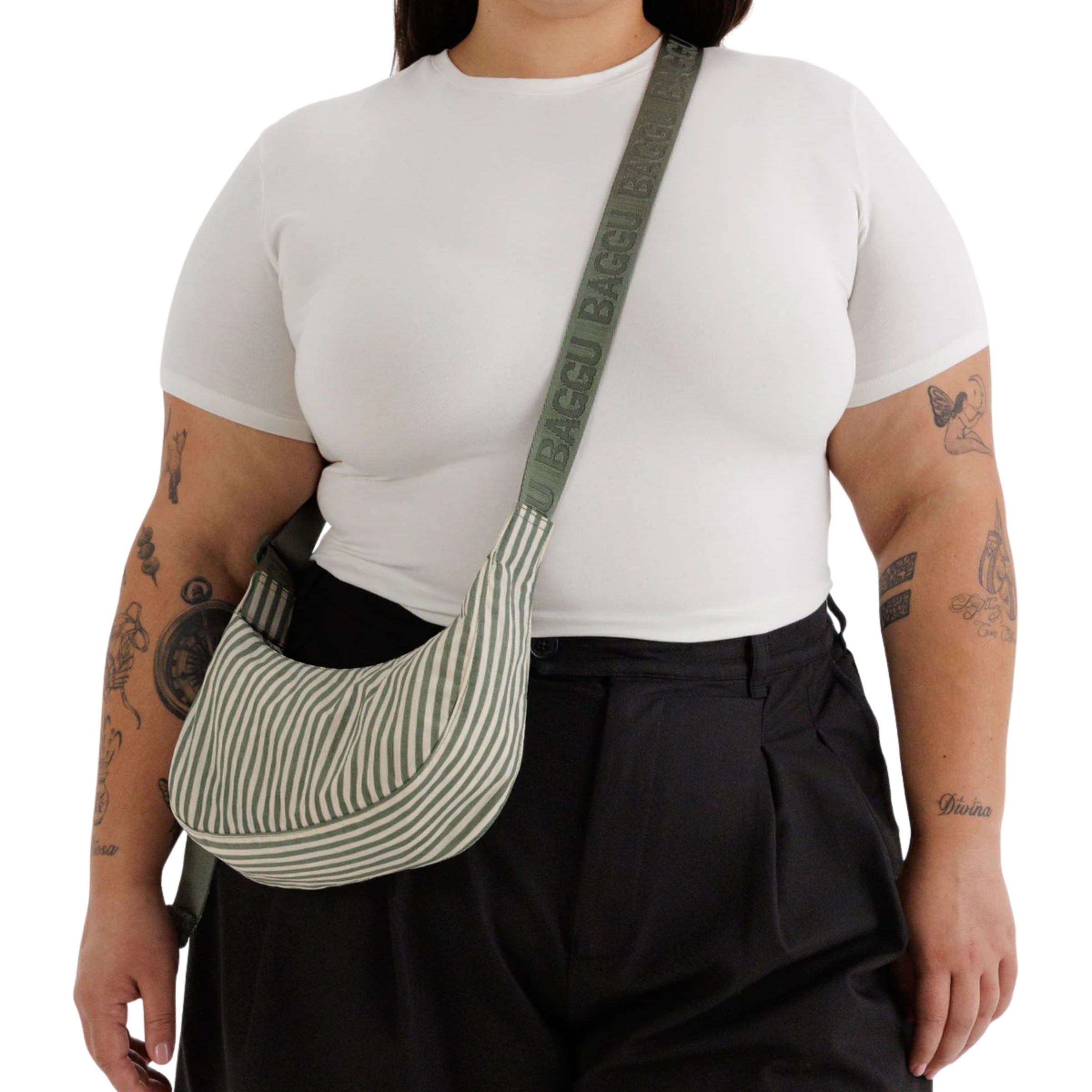 Baggu Small Nylon Crescent Bag in Sage Stripe