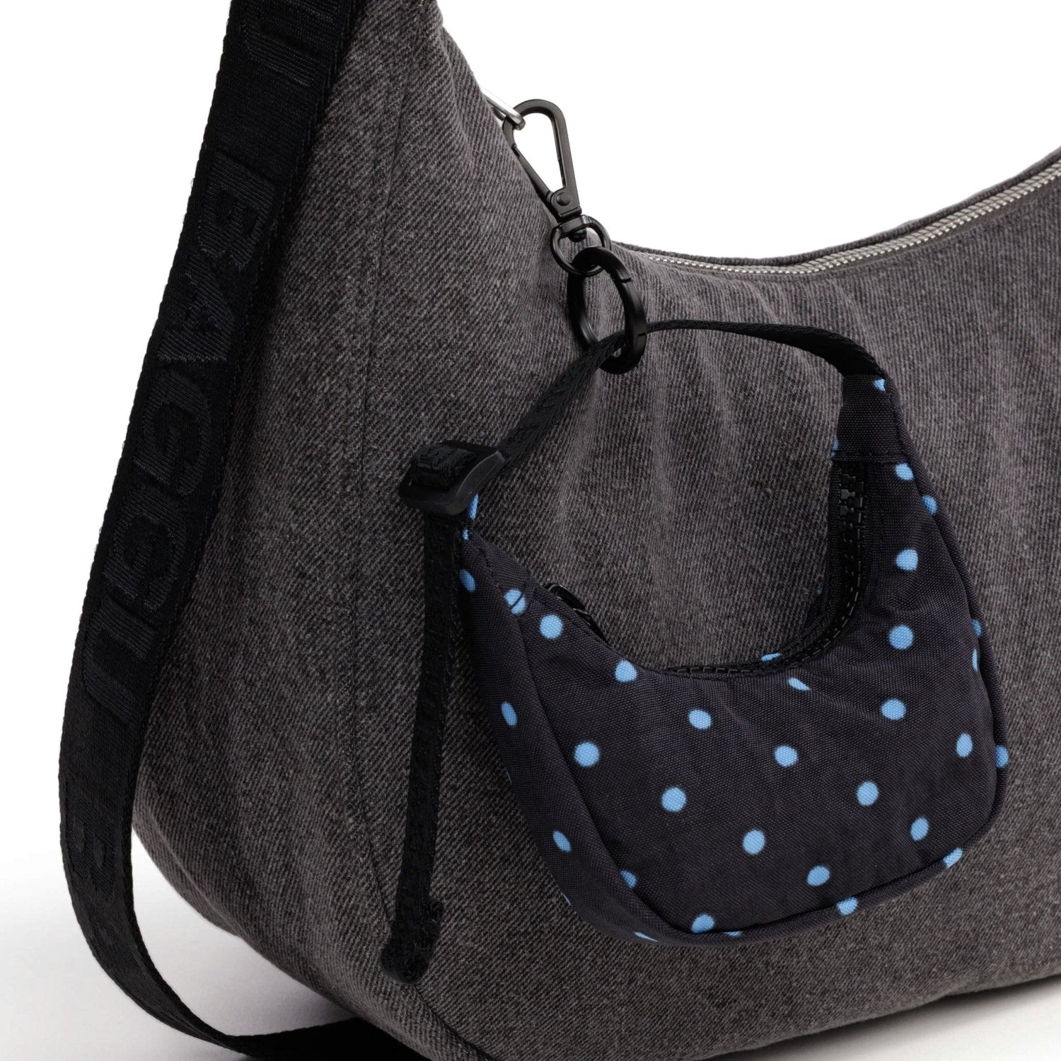Baggu Crescent Bag Charm in Black And Sky Blue Micro Dot - Getoutside Shoes