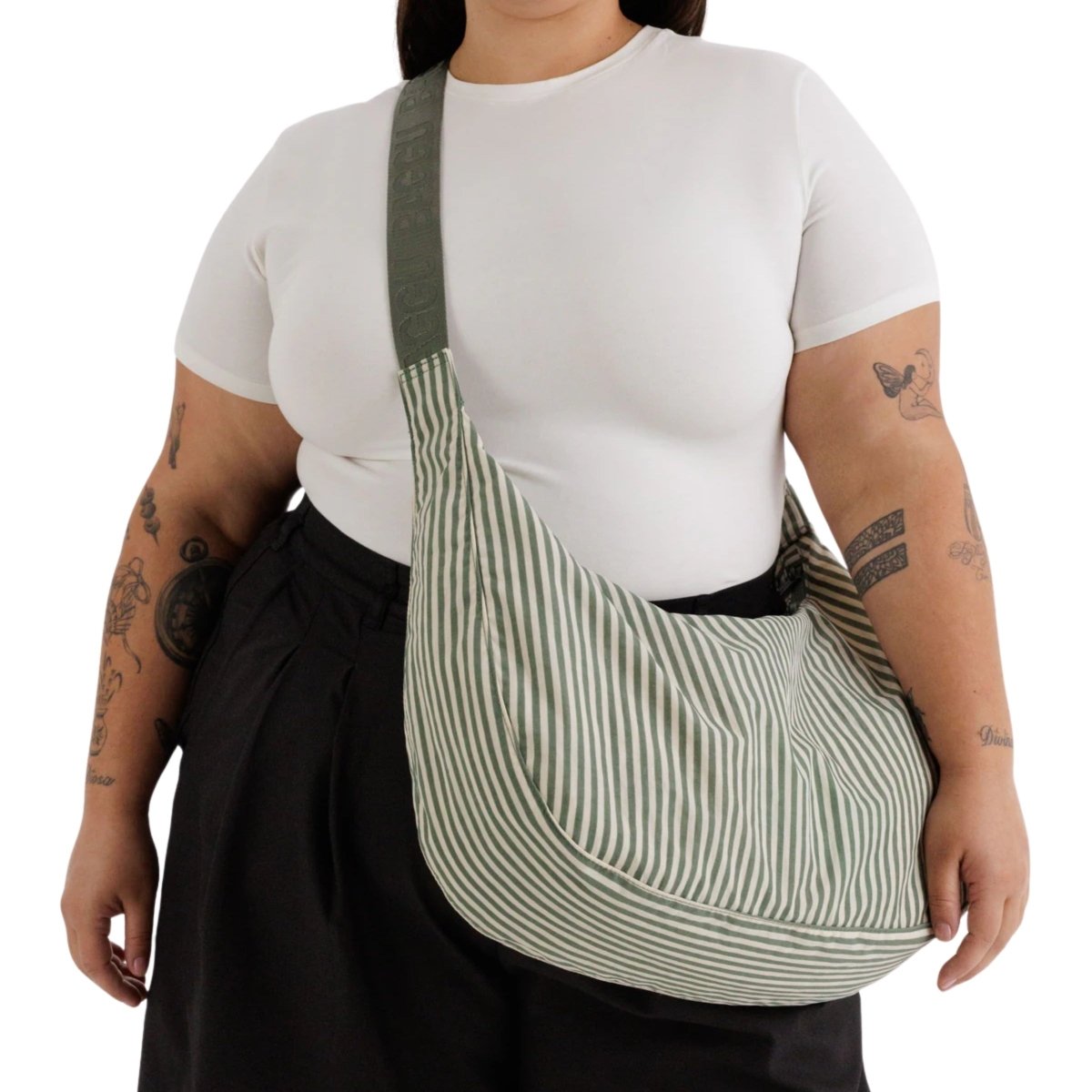 Baggu Large Nylon Crescent Bag in Sage Stripe - Getoutside Shoes