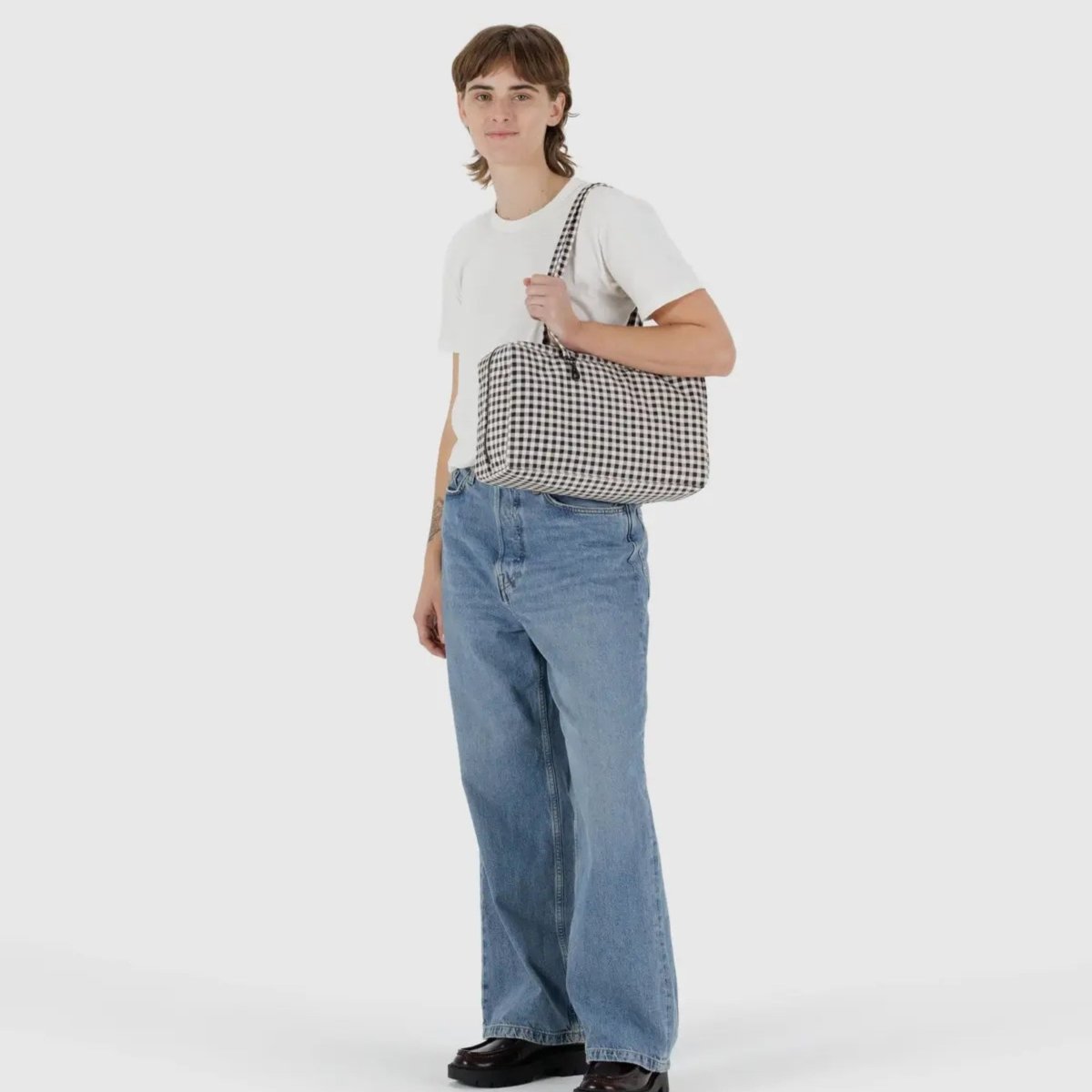 Baggu Medium Nylon Bowler Bag in Black & White Gingham - Getoutside Shoes