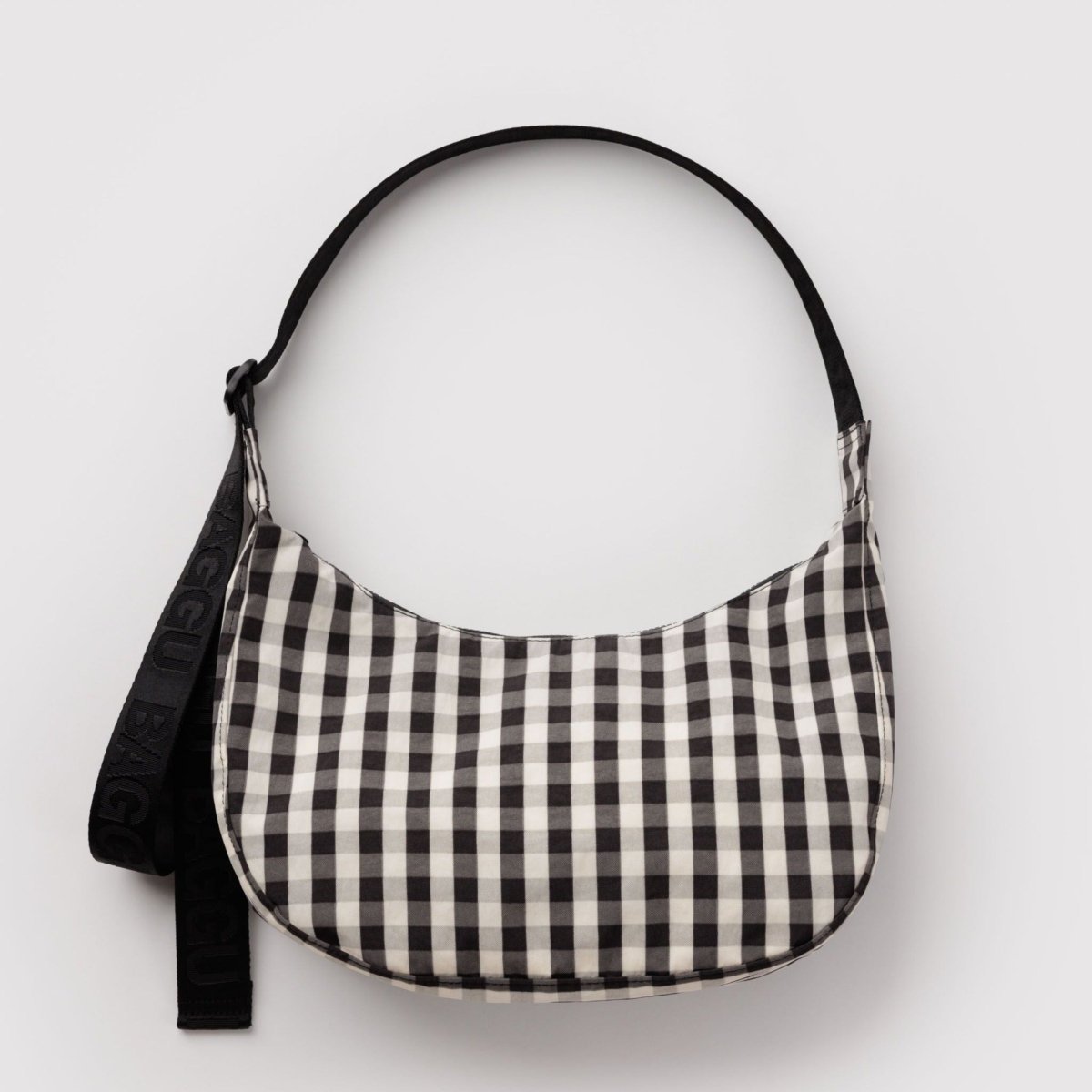 Baggu Medium Nylon Crescent Bag in Black and Cream Gingham - Getoutside Shoes
