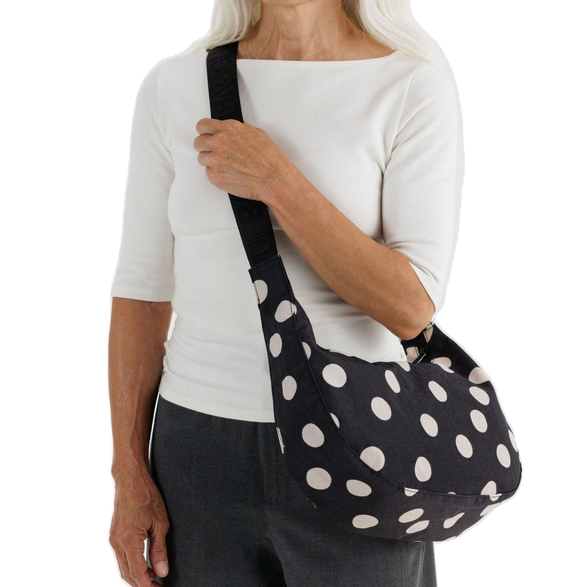Baggu Medium Nylon Crescent Bag in Black And Cream Polka Dot - Getoutside Shoes