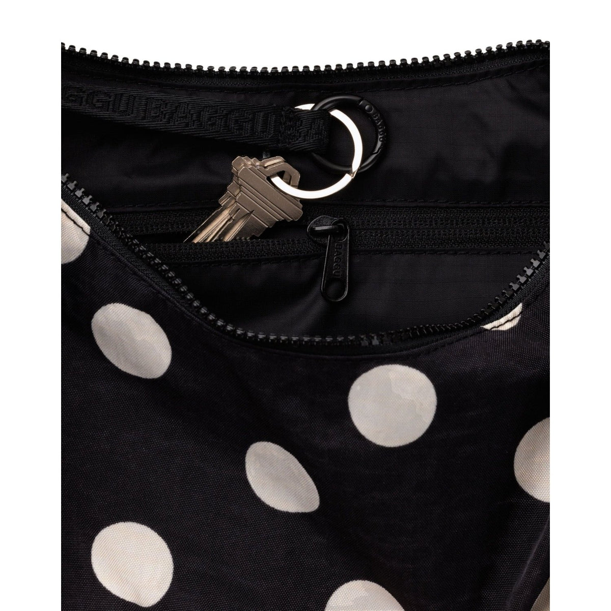 Baggu Medium Nylon Crescent Bag in Black And Cream Polka Dot - Getoutside Shoes