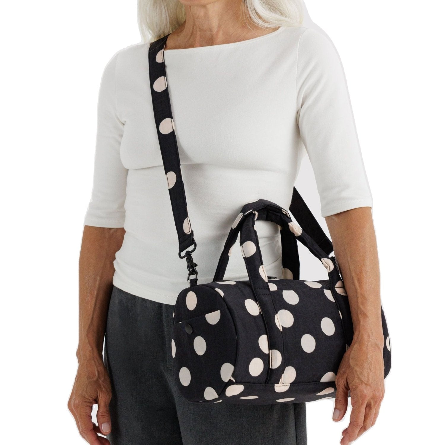 Baggu Nylon Duffle Bag in Black And Cream Polka Dot - Getoutside Shoes