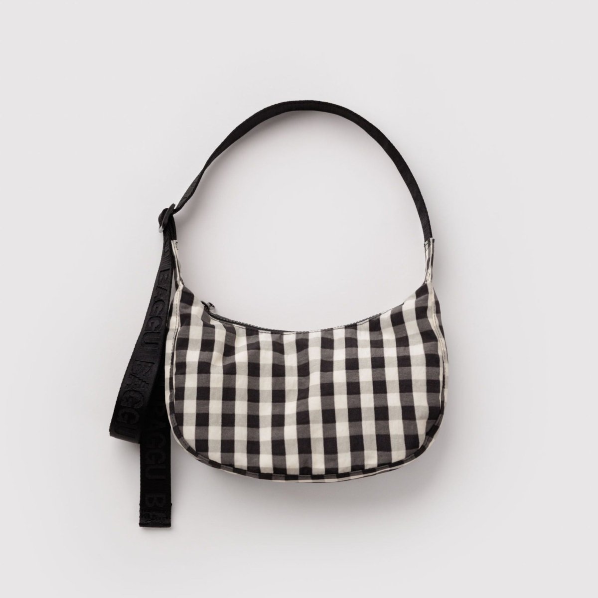 Baggu Small Nylon Crescent Bag in Black and Cream Gingham - Getoutside Shoes