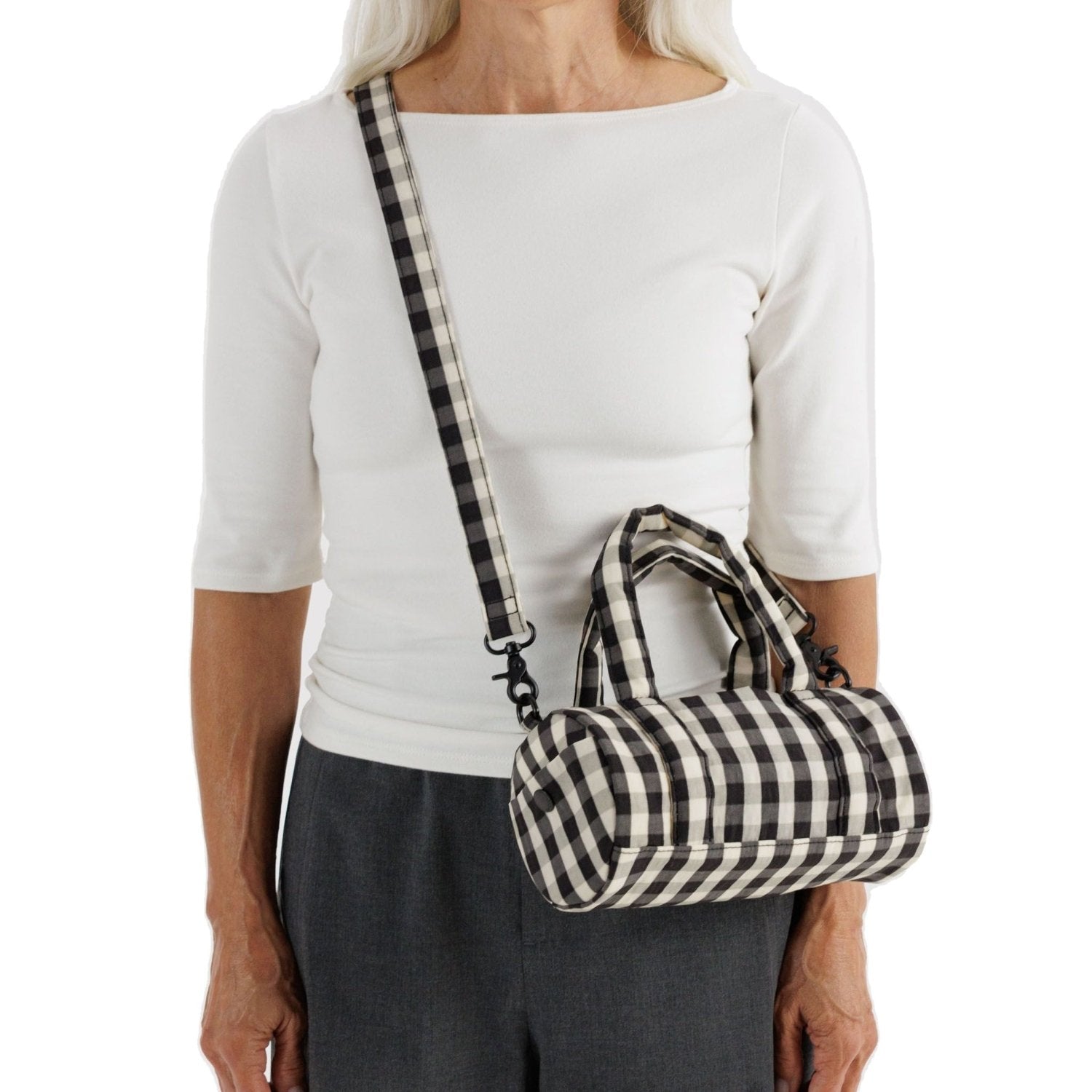 Baggu Small Nylon Duffle Bag in Black And Cream Gingham - Getoutside Shoes