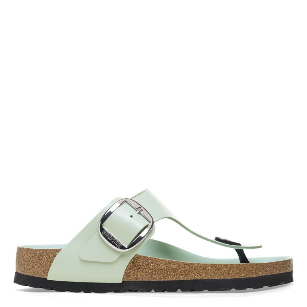 Birkenstock Women&#39;s Gizeh Big Buckle Natural Leather Patent in High-Shine Surf Green