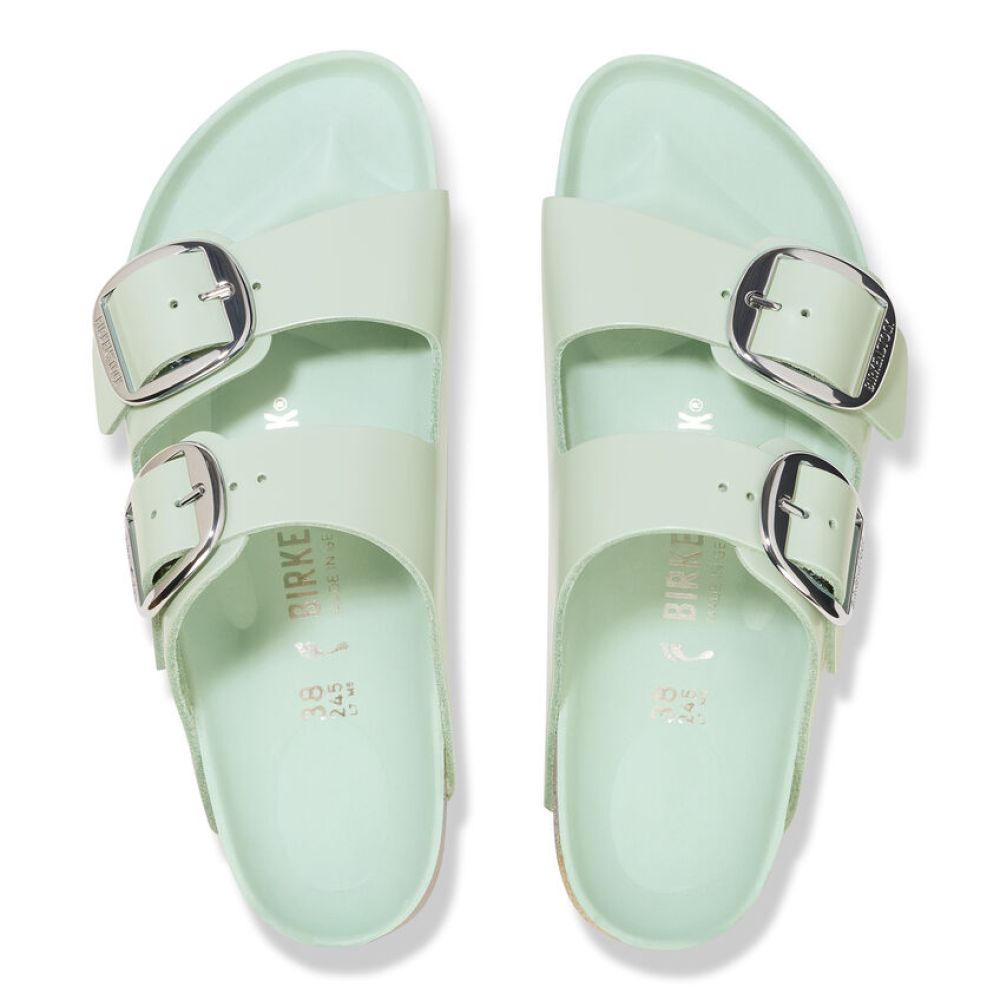 Birkenstock Women&#39;s Arizona Big Buckle Natural Leather Patent in High Shine Surf Green