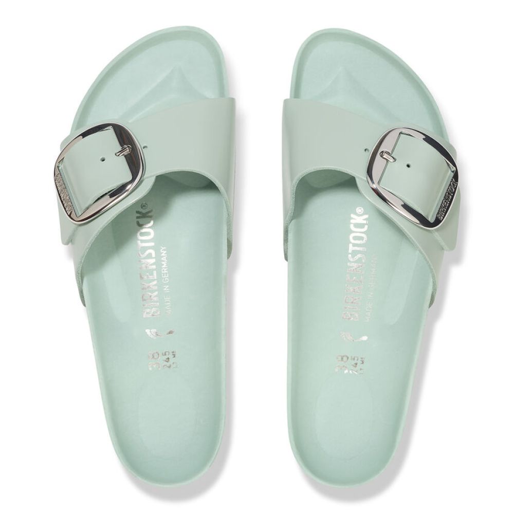 Birkenstock Women&#39;s Madrid Big Buckle Natural Leather Patent in High-Shine Surf Green