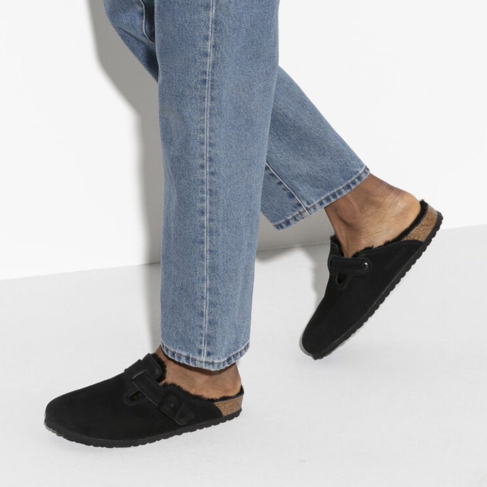 Birkenstock Boston Shearling Suede Leather in Black - Getoutside Shoes
