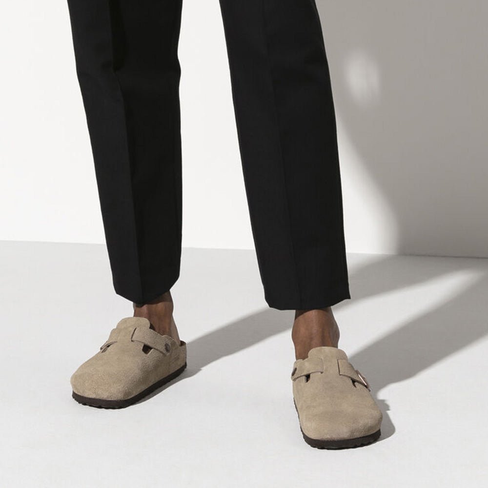 Birkenstock Boston Softbed Suede Leather in Taupe - Getoutside Shoes