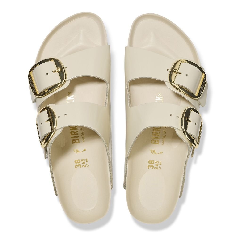 Birkenstock Women's Arizona Big Buckle Natural Leather Patent in High Shine Ecru - Getoutside Shoes