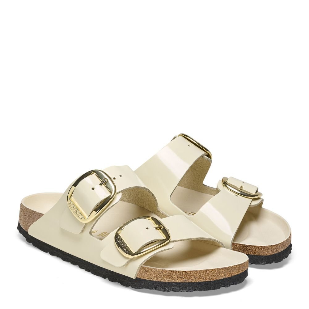 Birkenstock Women's Arizona Big Buckle Natural Leather Patent in High Shine Ecru - Getoutside Shoes